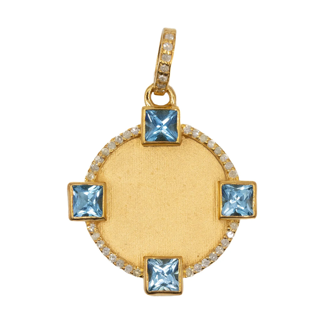 Gold 4-square blue topaz medallion pendant, elegant gemstone jewelry with bold geometric design
