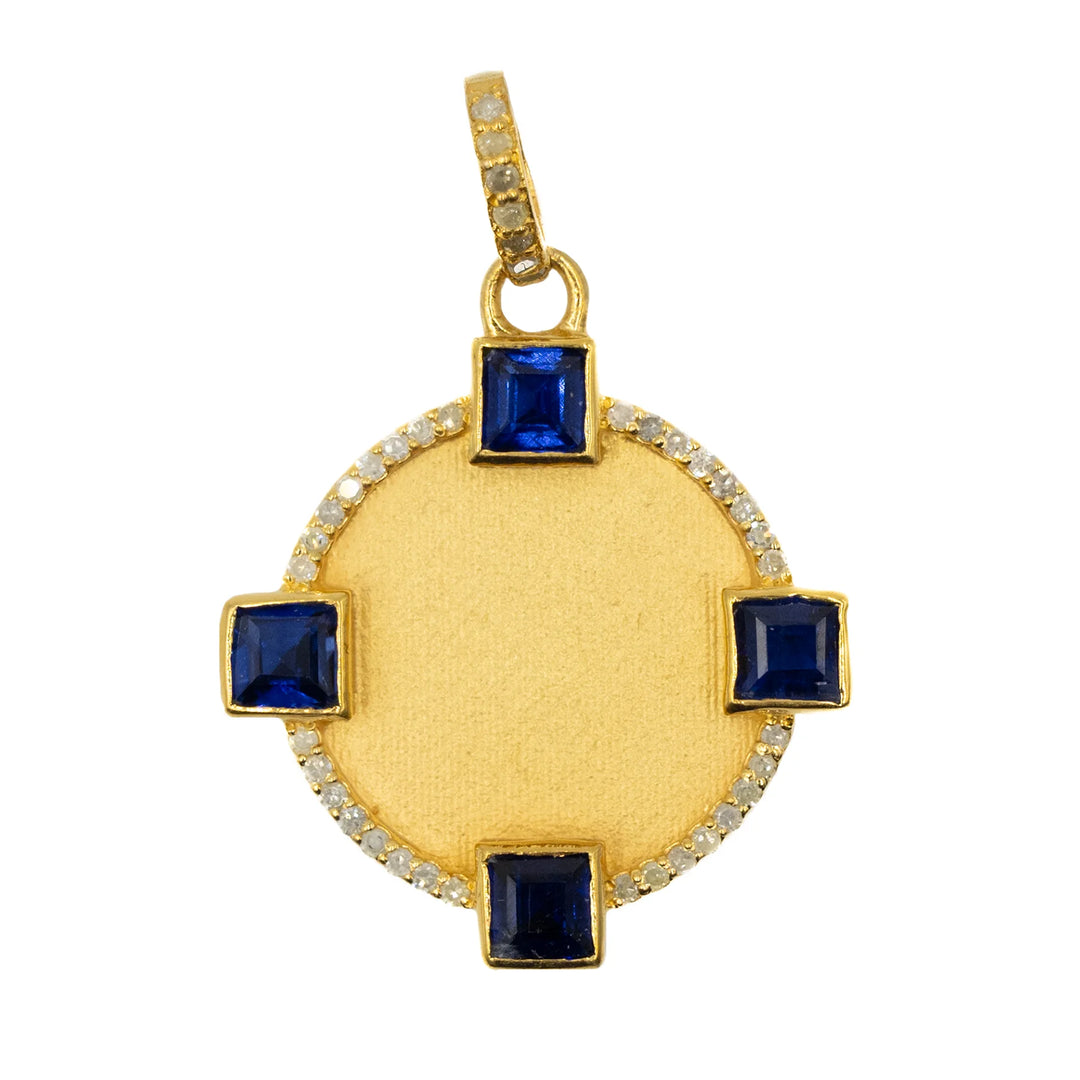Gold 4-square kyanite medallion pendant, elegant gemstone jewelry with bold geometric design