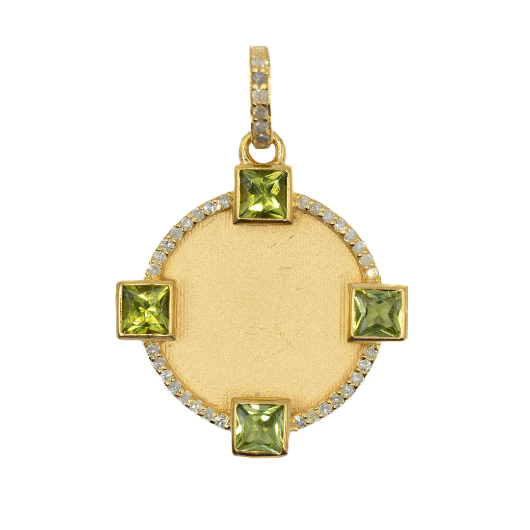 Gold 4-square peridot medallion pendant, elegant green gemstone jewelry with bold geometric design