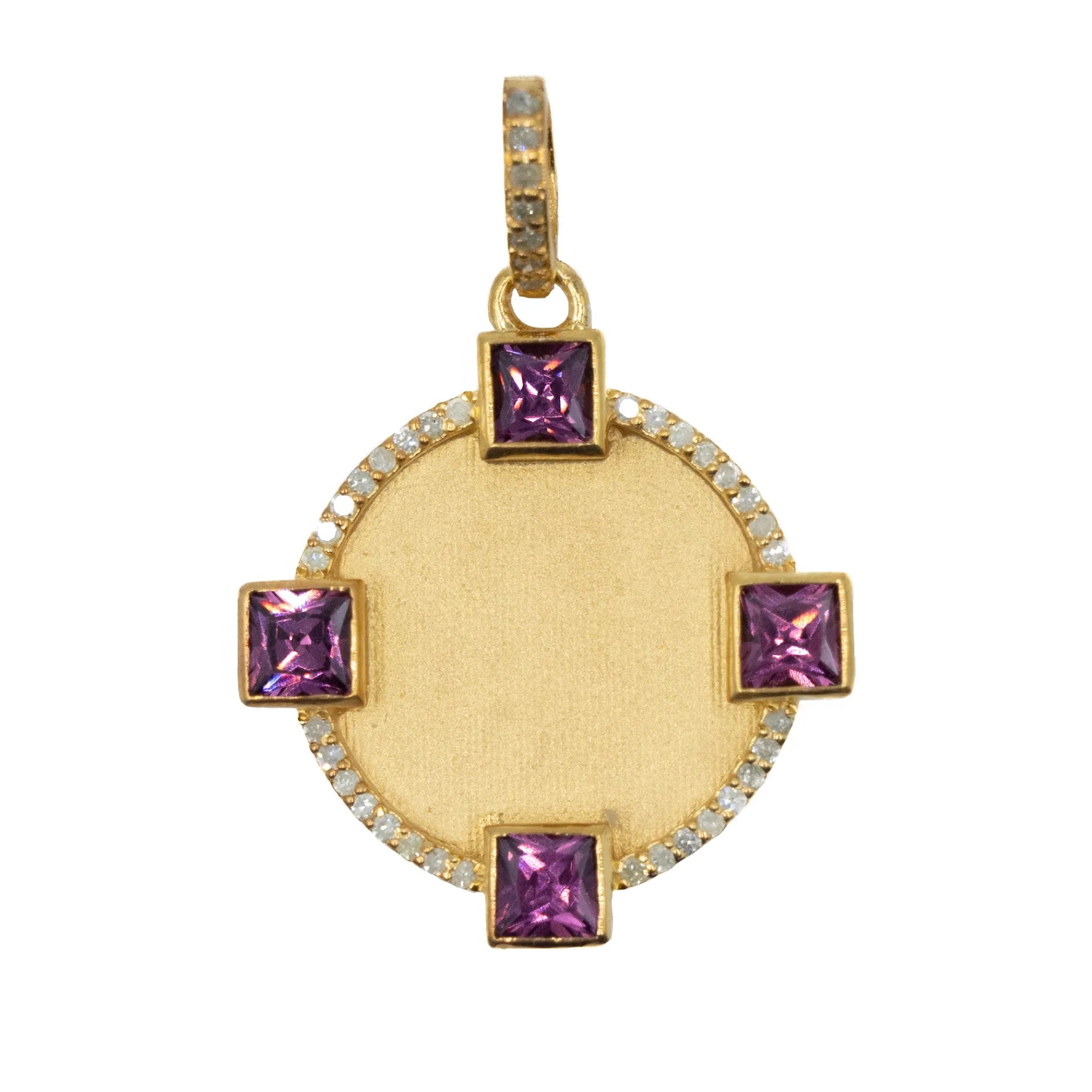 Gold 4-square rhodolite garnet medallion pendant, elegant gemstone jewelry with bold geometric design