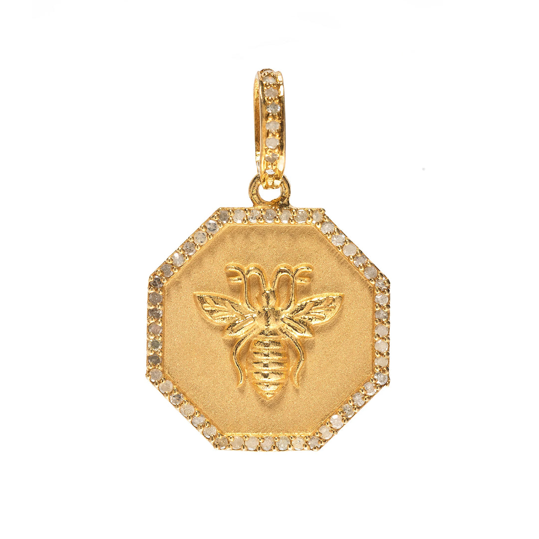 Octagon pendant with diamond bee design, nature-inspired jewelry in bold geometric style