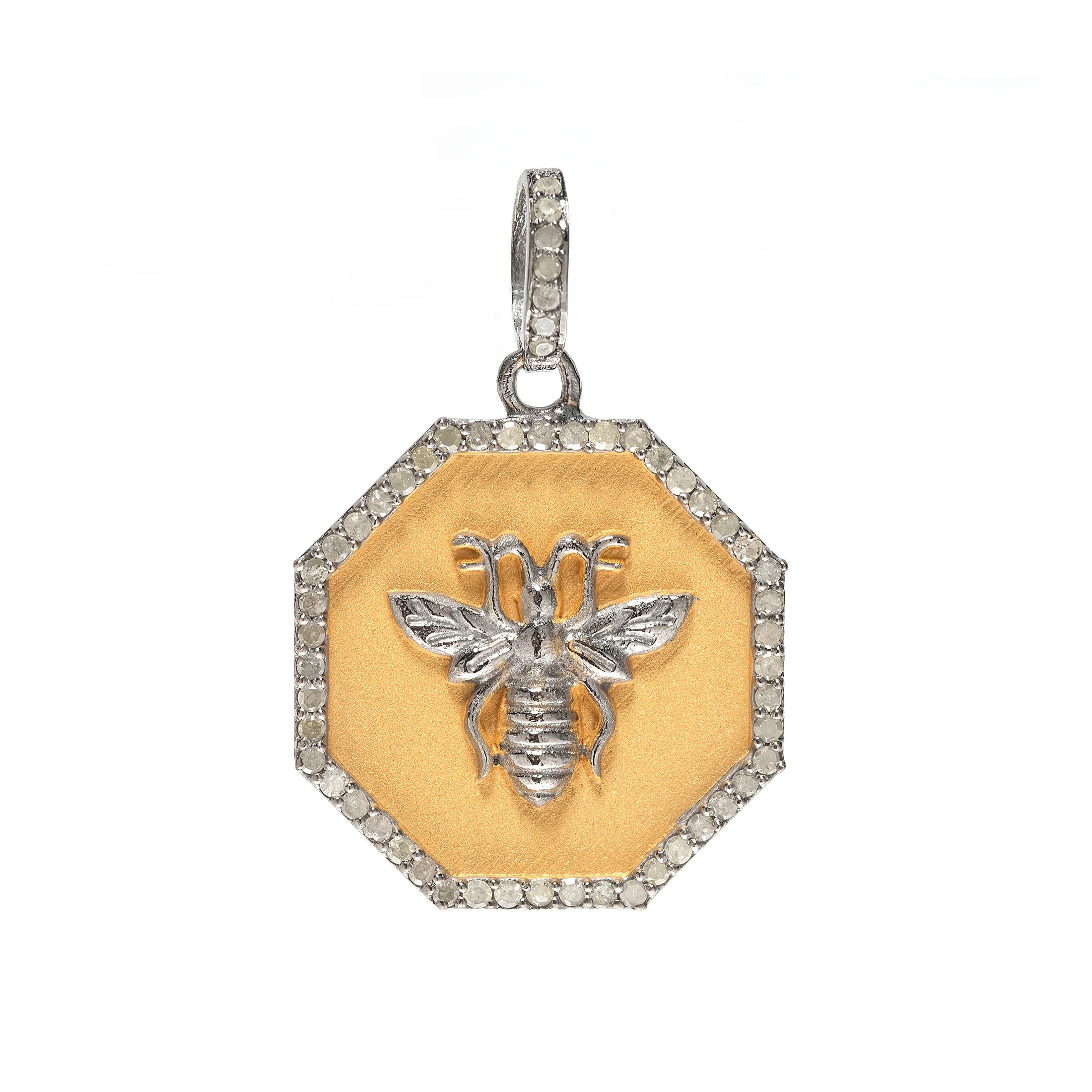 Octagon pendant with diamond bee design, nature-inspired jewelry in bold geometric style
