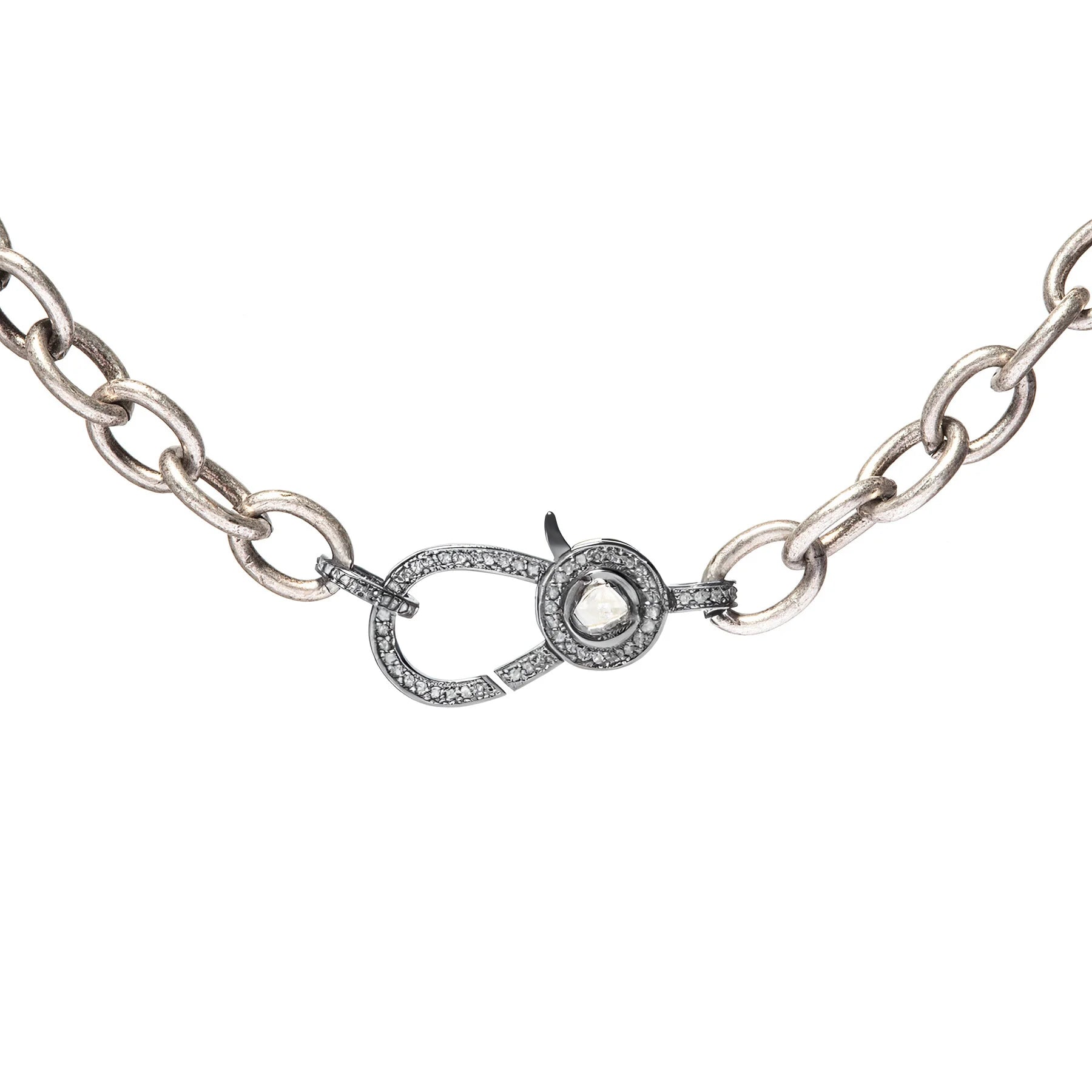 Chunky matte silver cable chain necklace with bright silver Polki diamond clasp