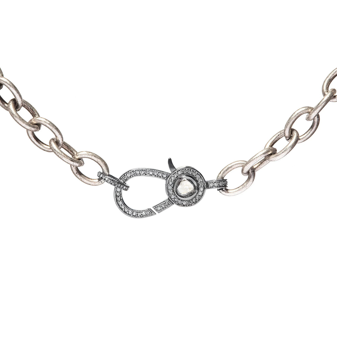 Chunky cable chain necklace with oxidized silver finish and Polki diamond closure