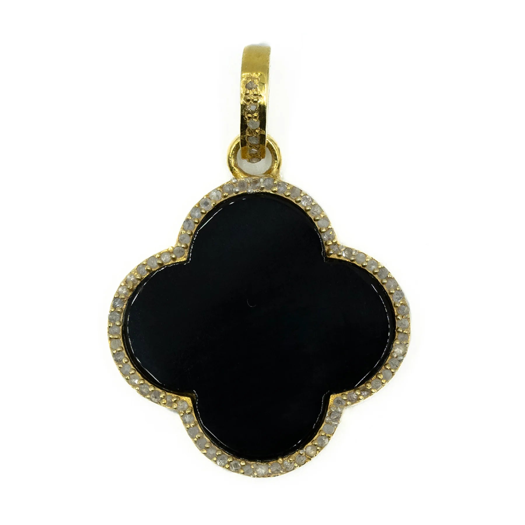 XL clover pendant in gold with onyx and diamonds, bold luxury jewelry with elegant floral design