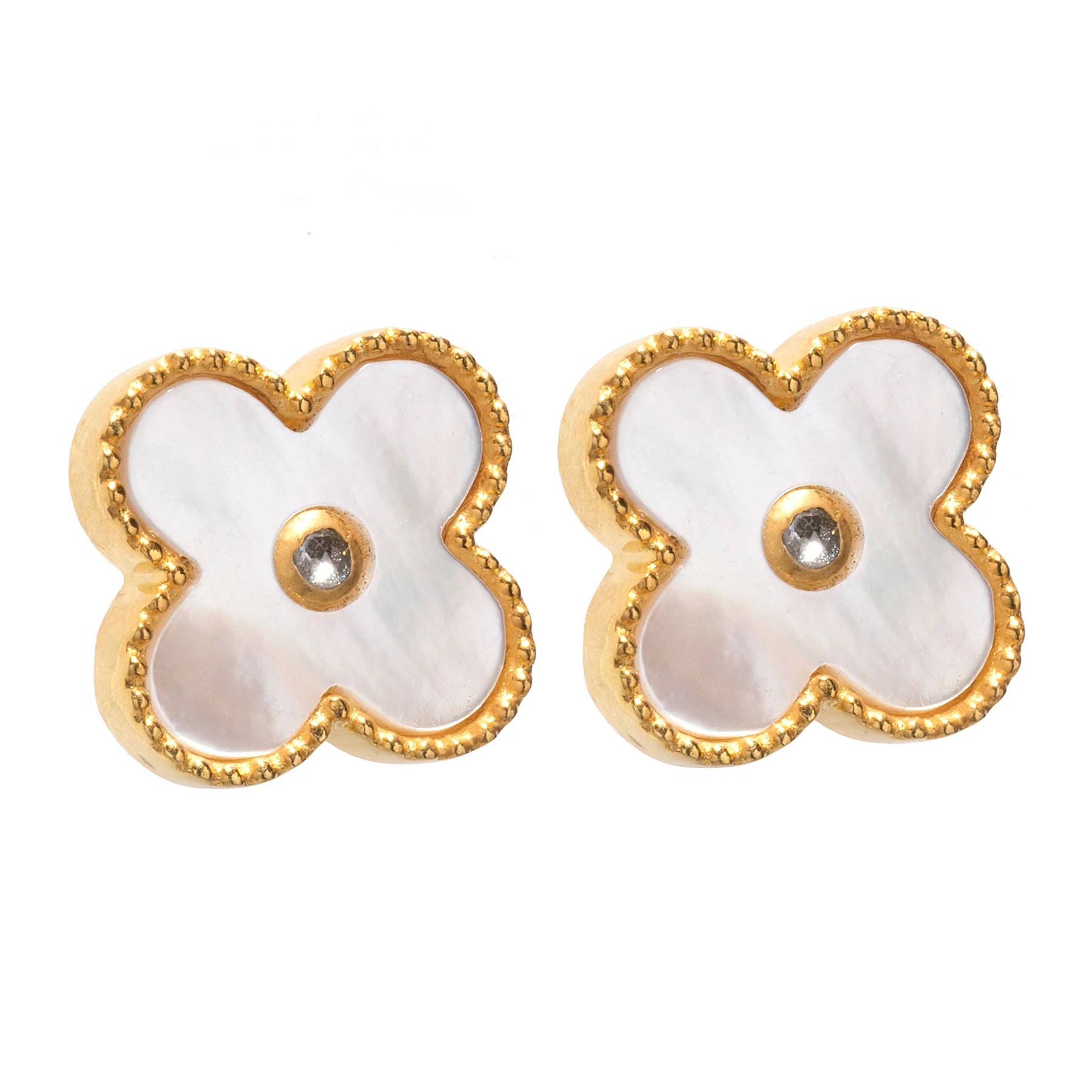 Clover post earrings in gold with diamond center, elegant lucky charm jewelry design