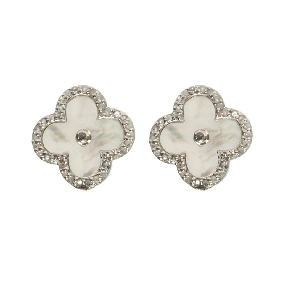 Clover post earrings with halo diamonds, elegant floral-inspired jewelry design