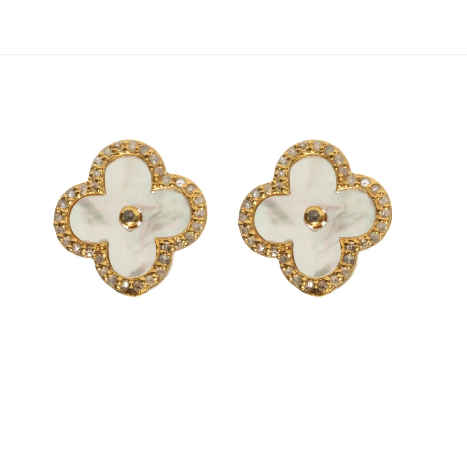 Clover post earrings with halo diamonds, elegant floral-inspired jewelry design