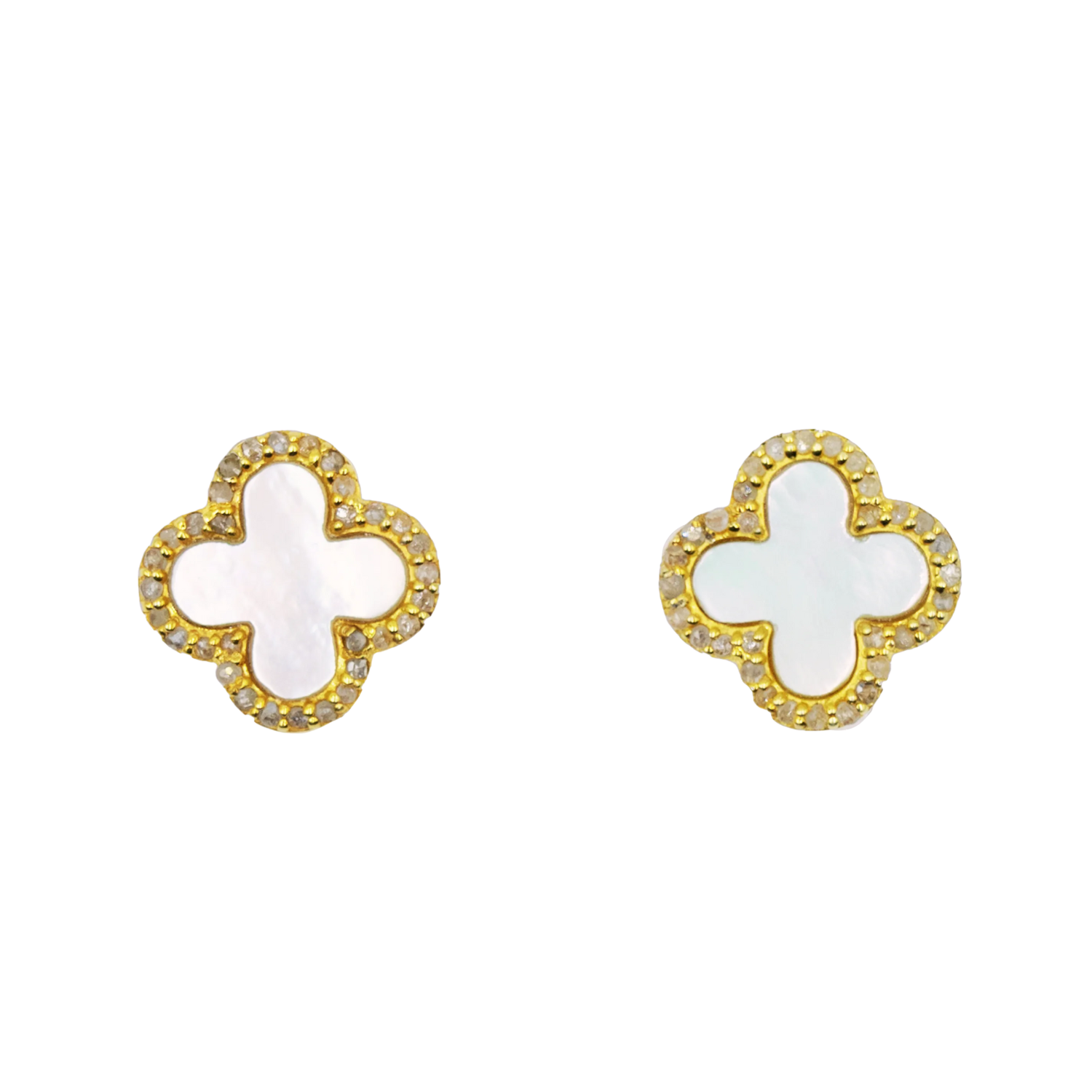 Clover post earrings with mother of pearl and halo diamonds, elegant floral-inspired jewelry design