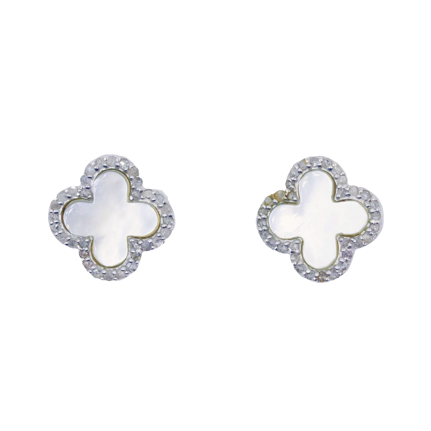 Clover post earrings with mother of pearl and halo diamonds, elegant floral-inspired jewelry design