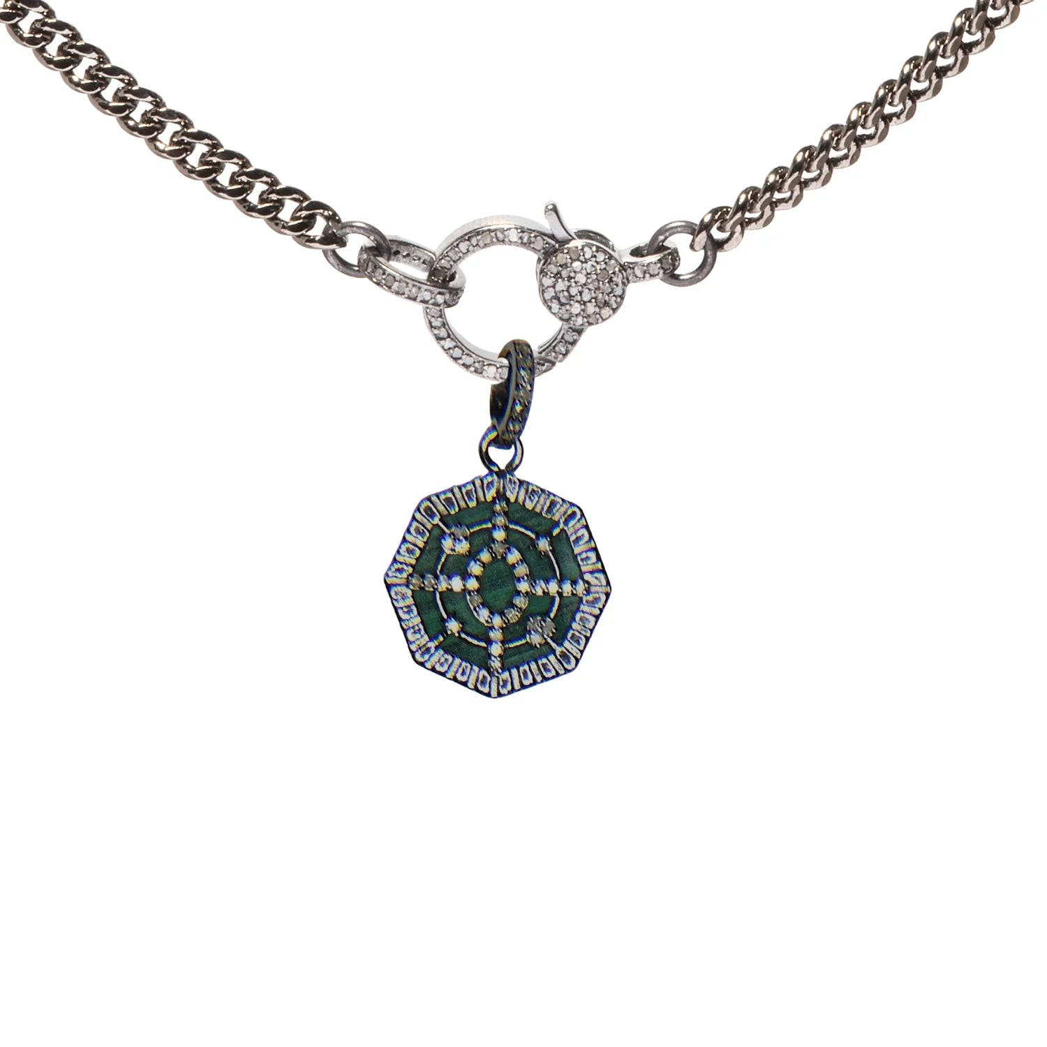Compass malachite charm with diamond accents, elegant luxury jewelry piece with vibrant green gemstone