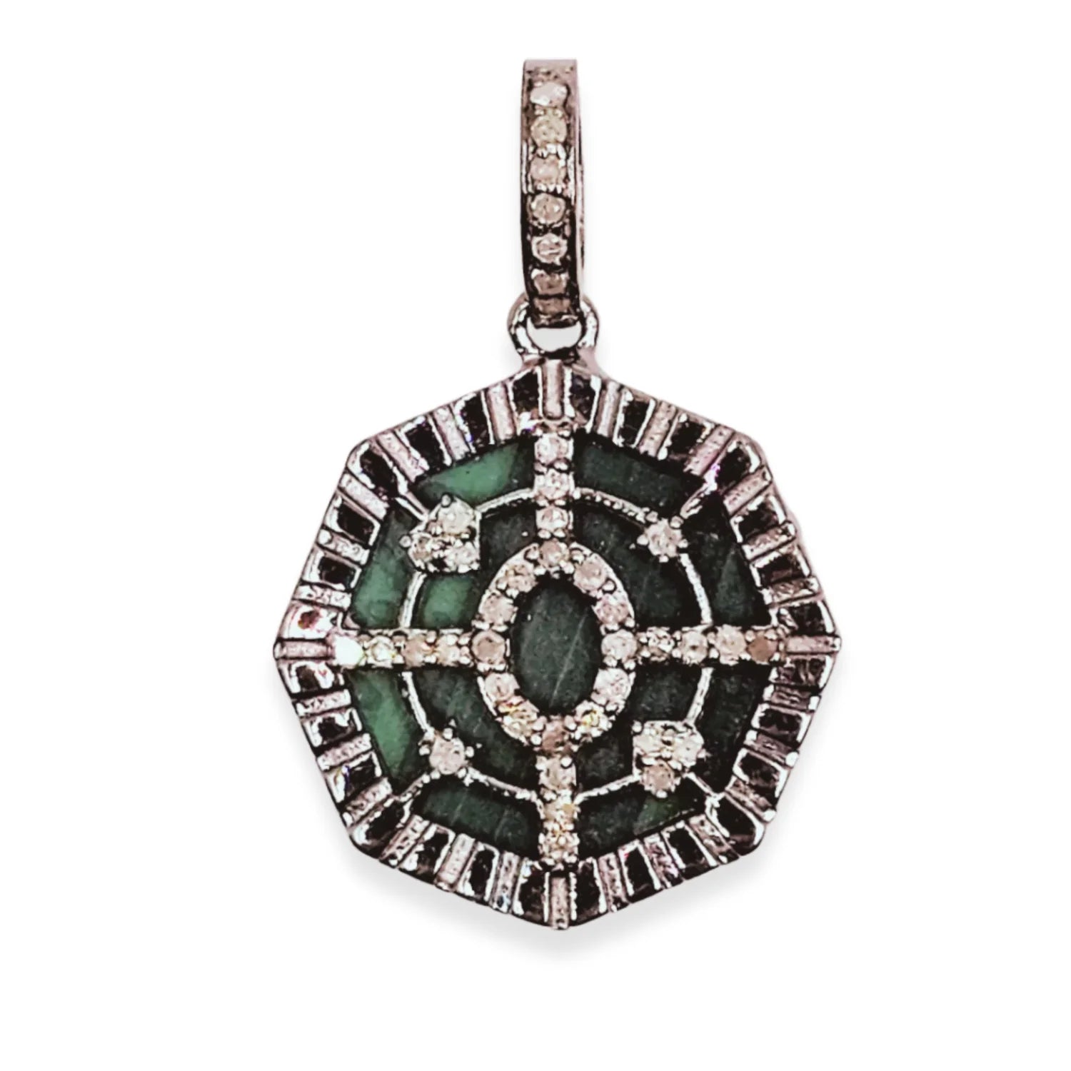 Compass malachite charm with diamond accents, elegant luxury jewelry piece with vibrant green gemstone
