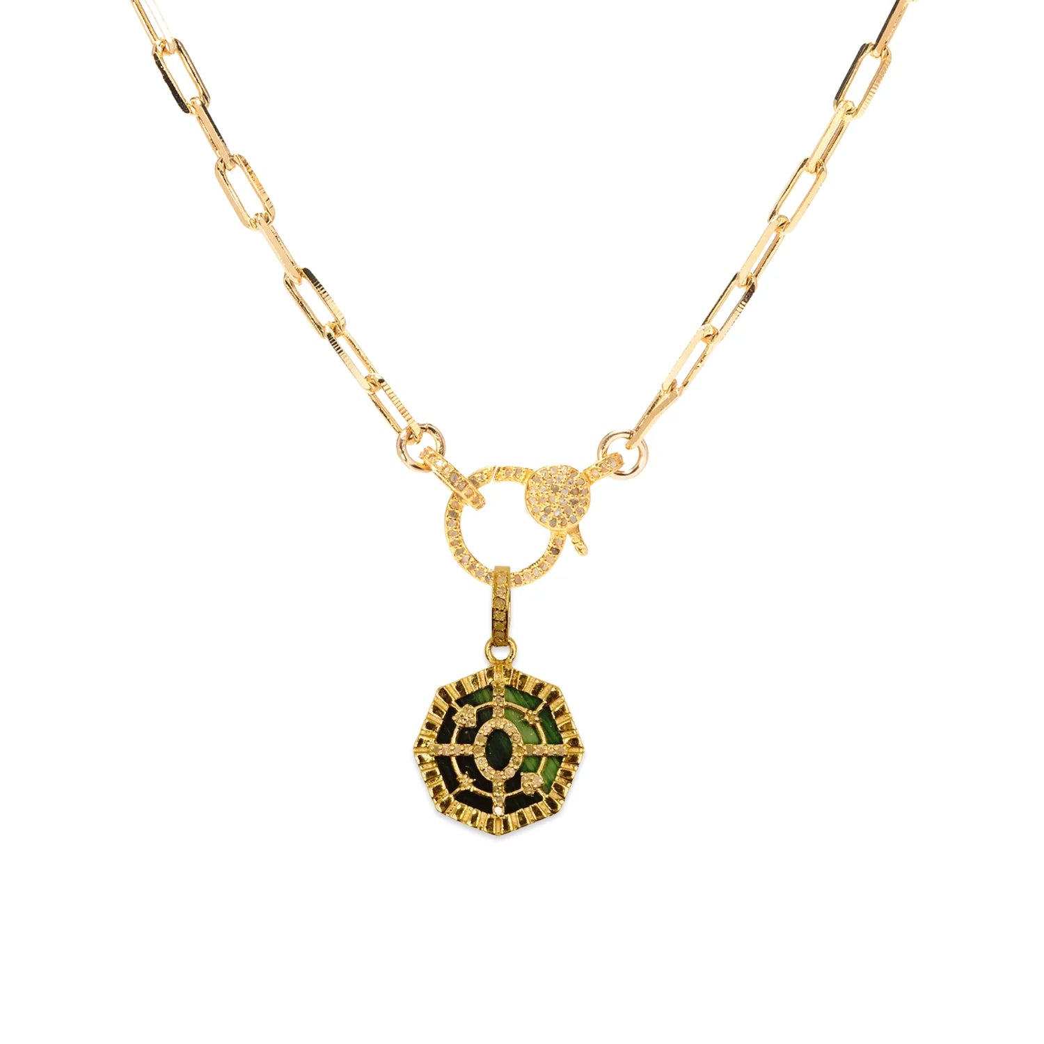 Compass malachite charm with diamond accents, elegant luxury jewelry piece with vibrant green gemstone