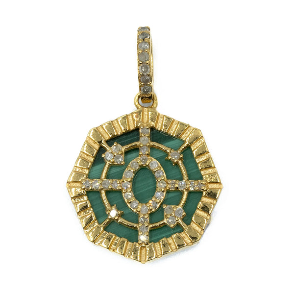 Compass malachite charm with diamond accents, elegant luxury jewelry piece with vibrant green gemstone