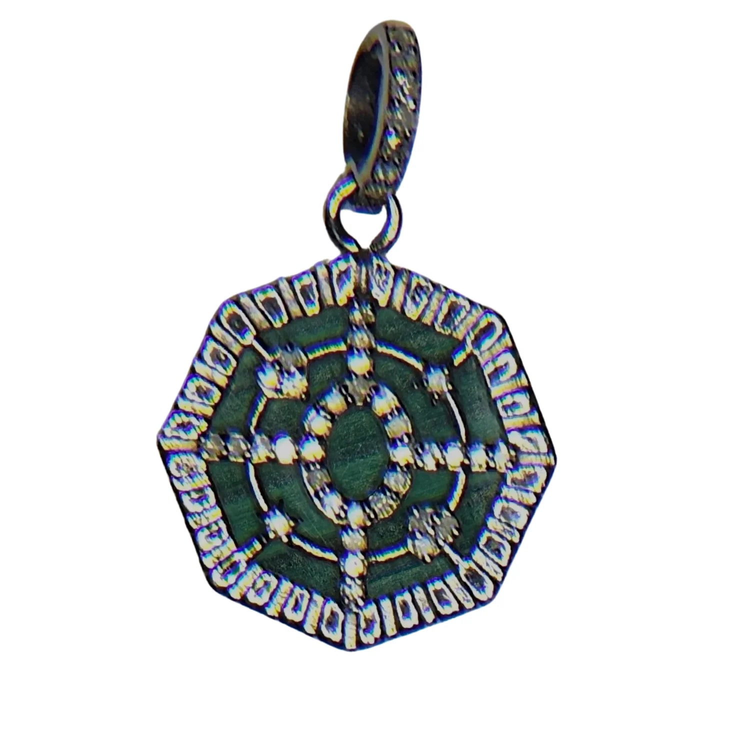 Compass malachite charm with diamond accents, elegant luxury jewelry piece with vibrant green gemstone