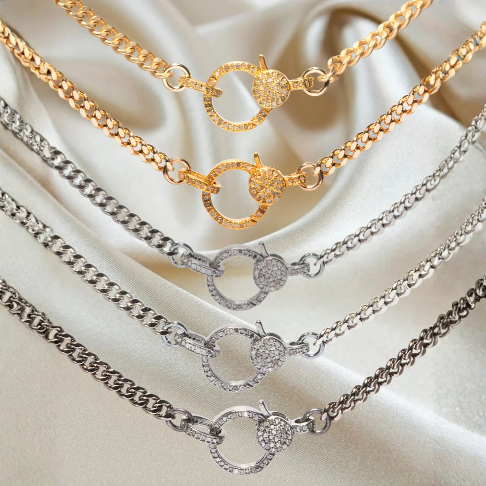 Matte oxidized silver Cuban chain necklace with diamond closure and bold statement design