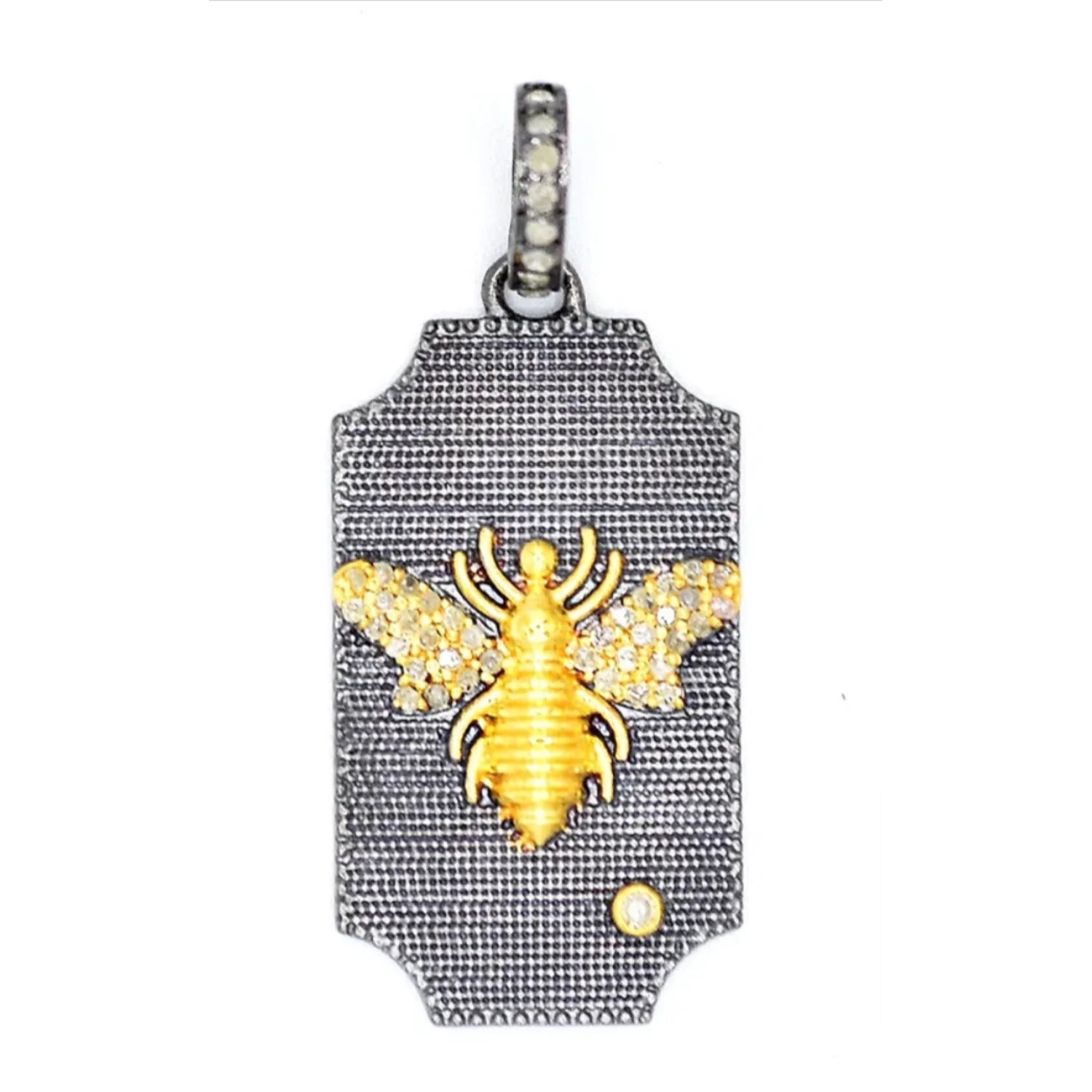 Diamond Bee Dog Tag Pendant – Mixed Metal Necklace with Sparkling Diamond Detailing
