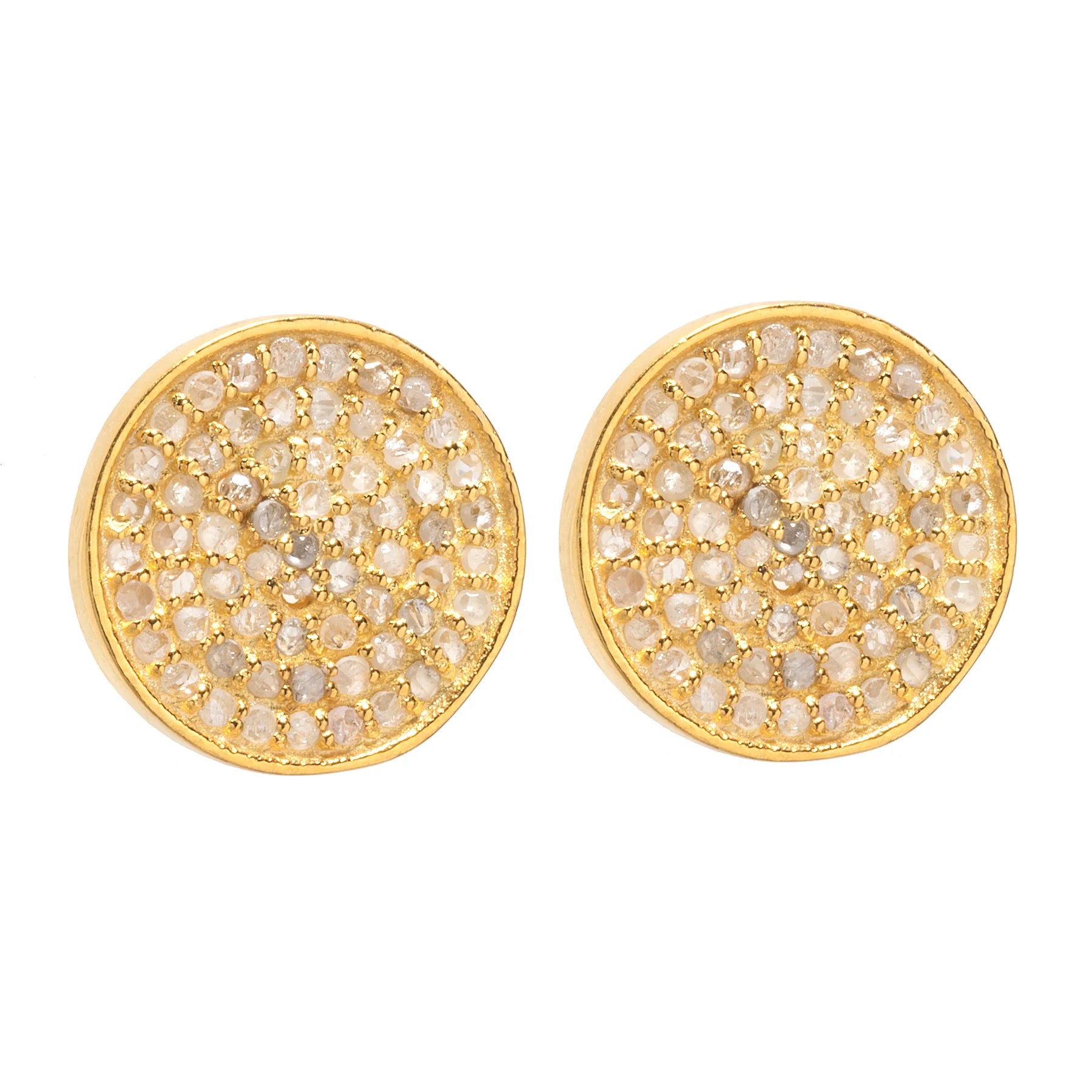 Diamond disc post earrings, minimalist round stud jewelry with sparkling diamond accents