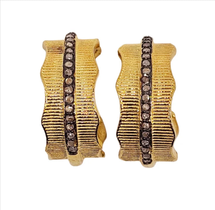 Diamond ribbon hoop earrings in mixed metal, modern twisted design with sparkling diamond accents