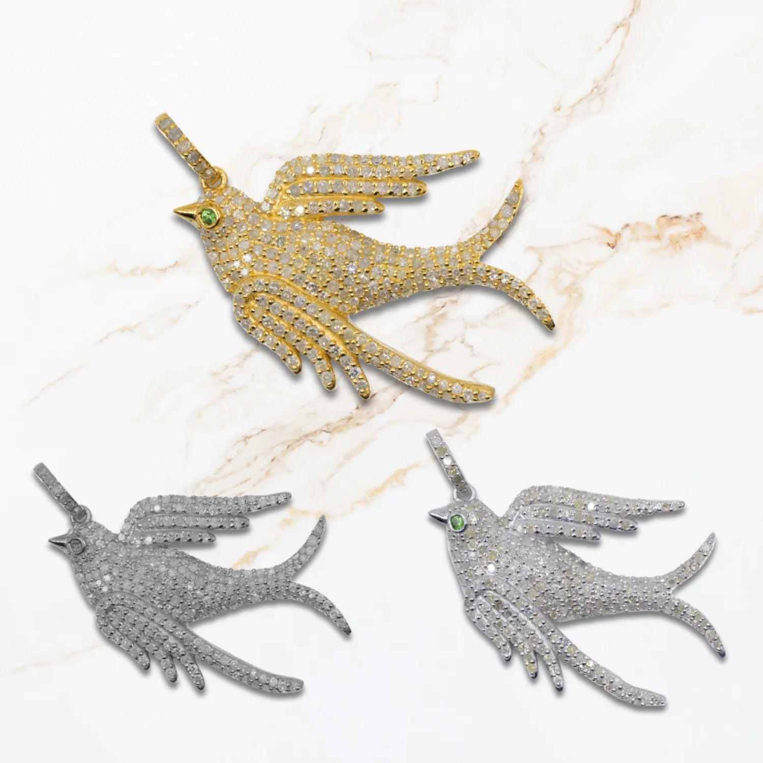 Diamond Swallow Pendants Gold Bright Silver and Oxidized Silver