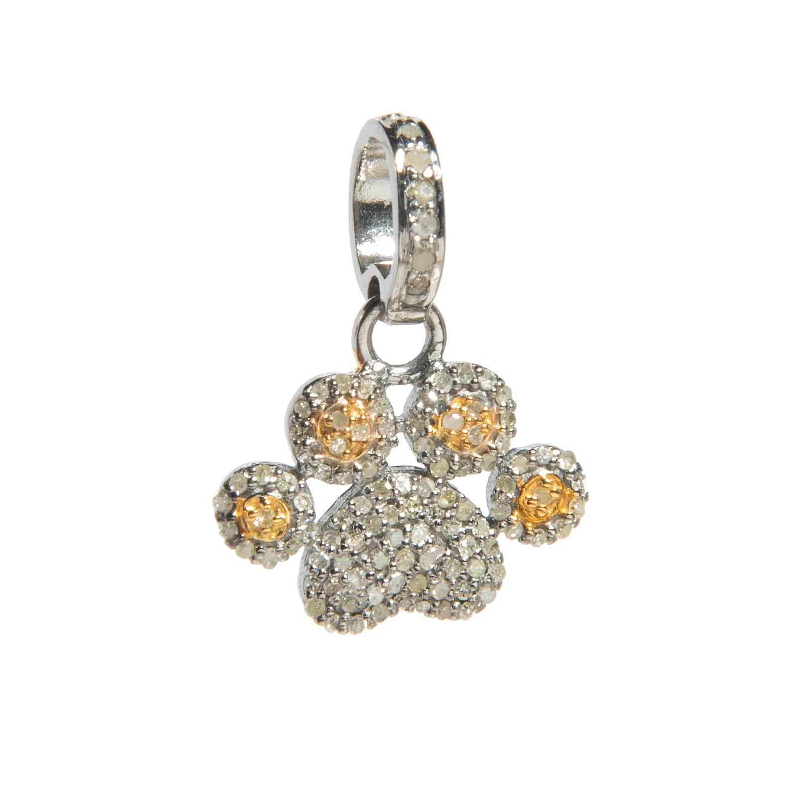 Mixed metal dog paw charm in gold and silver Pendant with diamond accents – elegant pet-themed jewelry