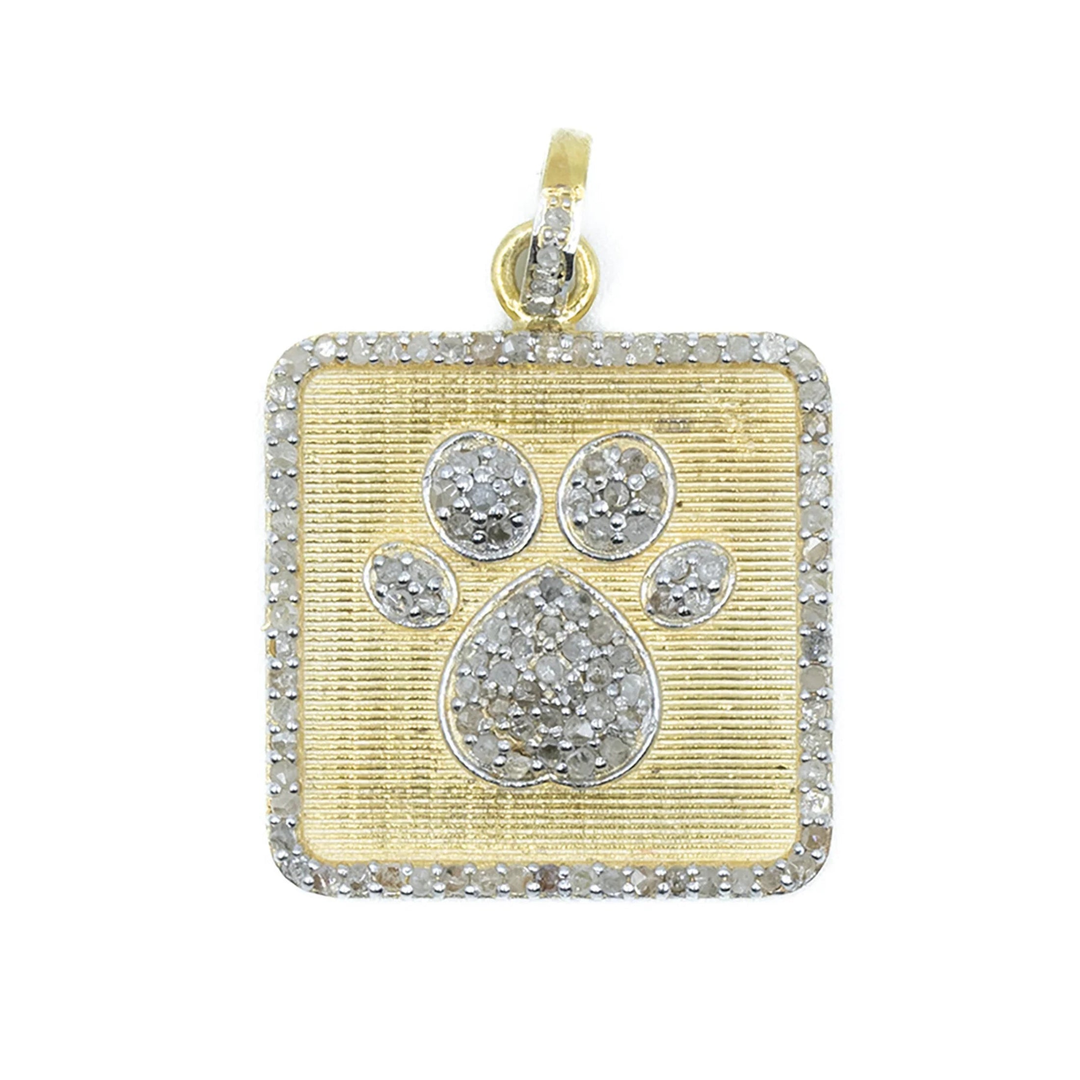Mixed metal square dog paw charm with diamond accents – pet-themed charm jewelry