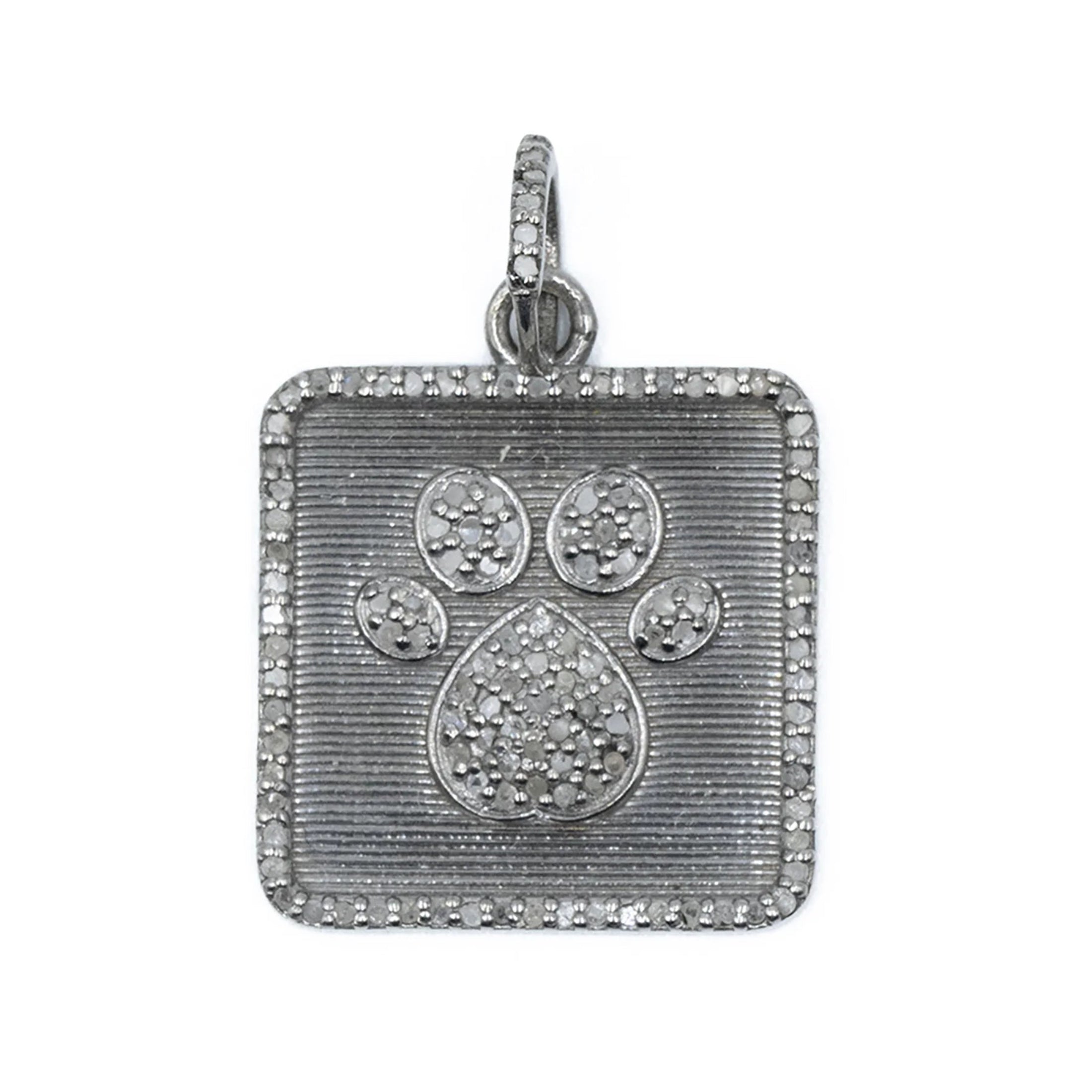 Silver square dog paw charm with diamond details – pet lover’s pendant