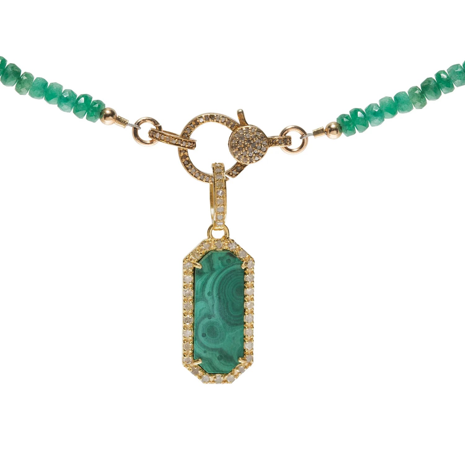 Gold dog tag charm with malachite and diamond accents – bold green pet-themed pendant