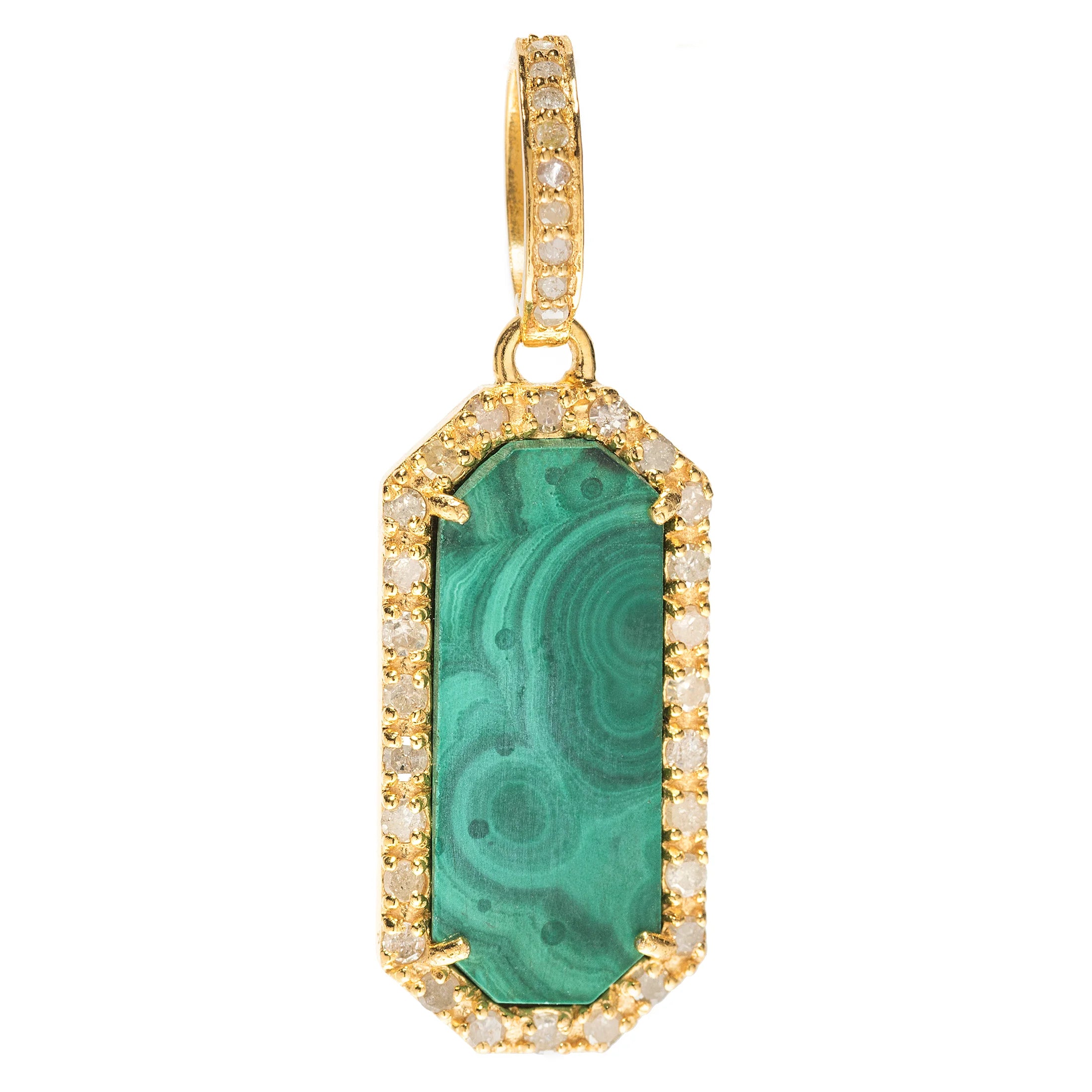 Gold dog tag charm with malachite and diamond accents – bold green pet-themed pendant