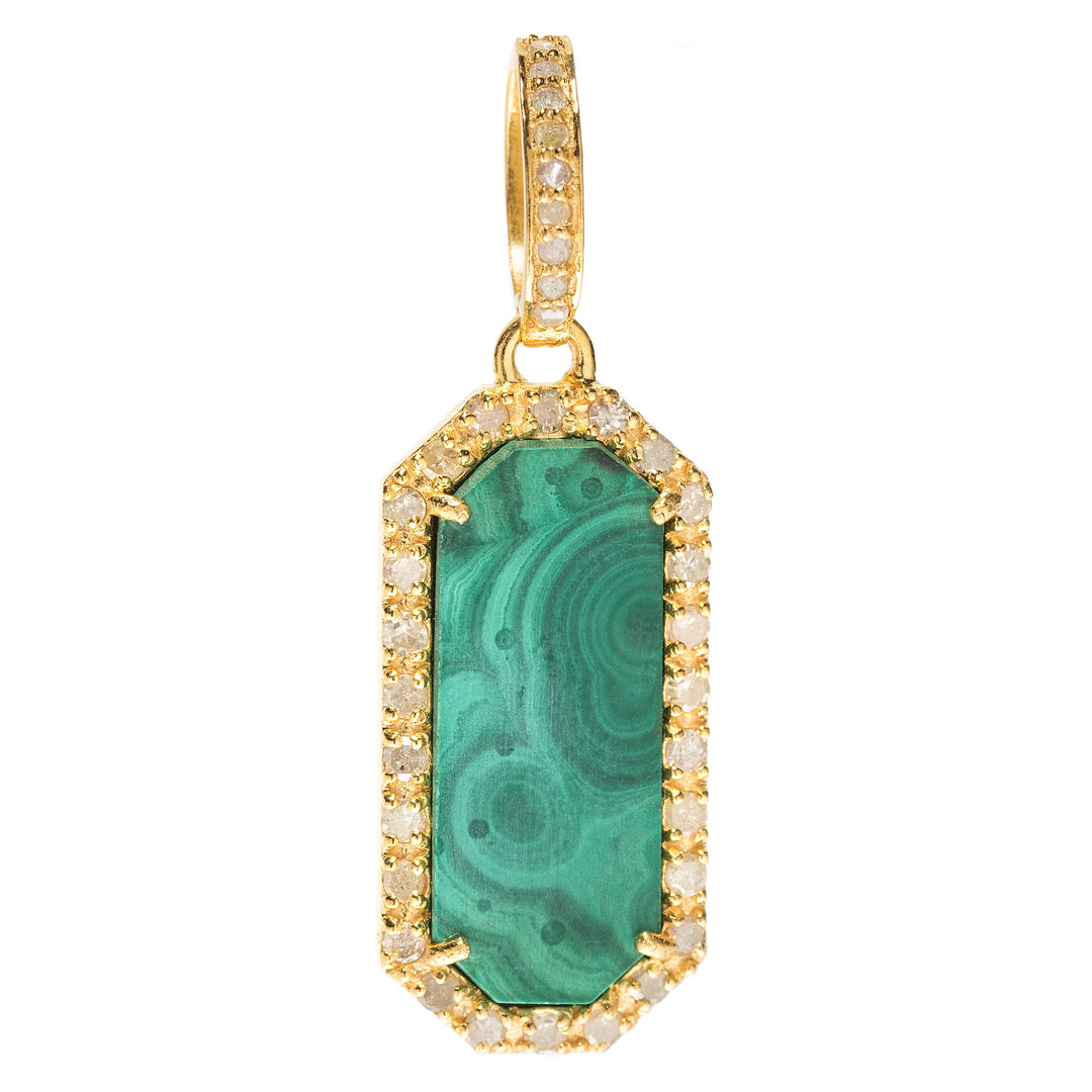 Gold dog tag charm with malachite and diamond accents – bold green pet-themed pendant