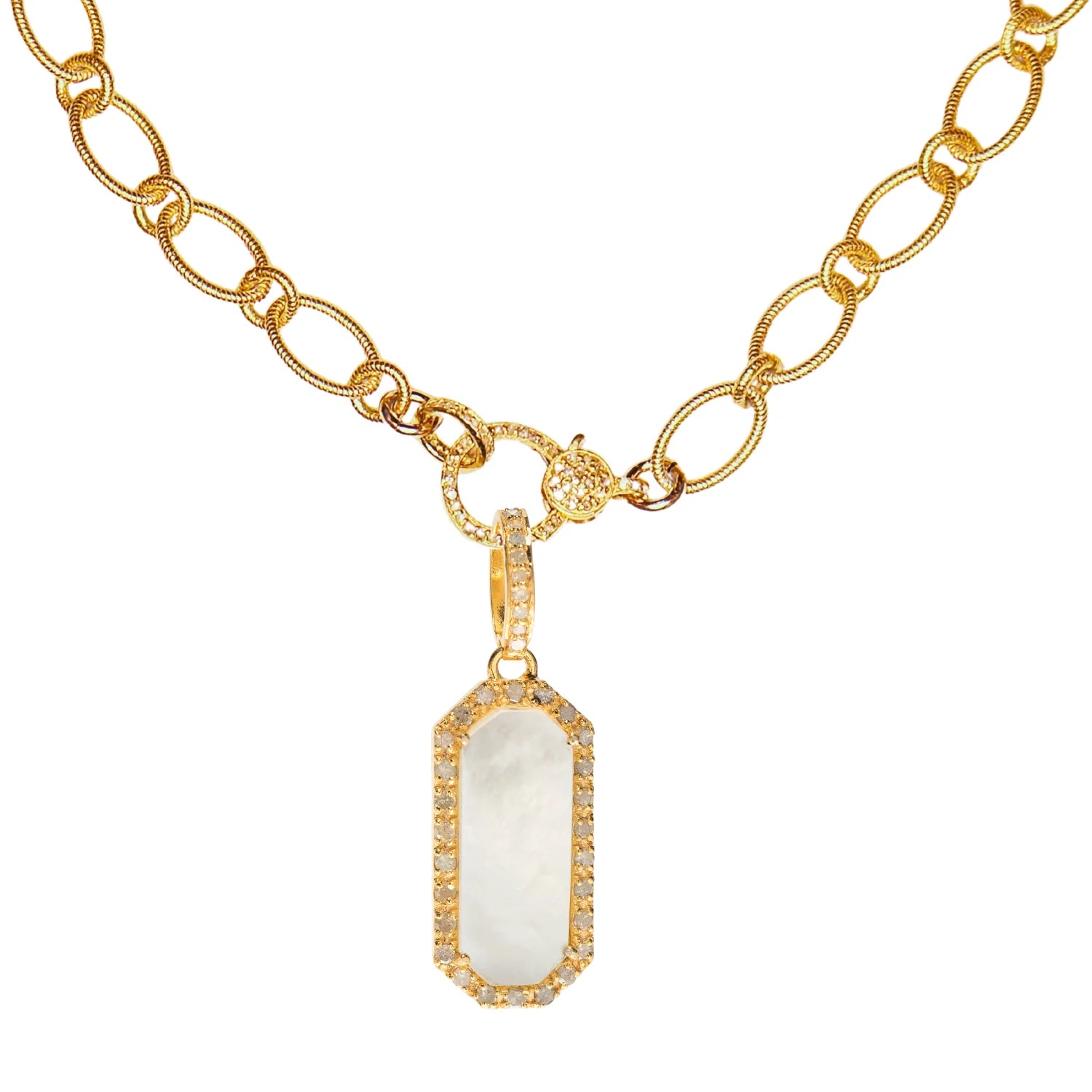 Gold dog tag charm with mother of pearl and diamond accents – refined pet-inspired pendant