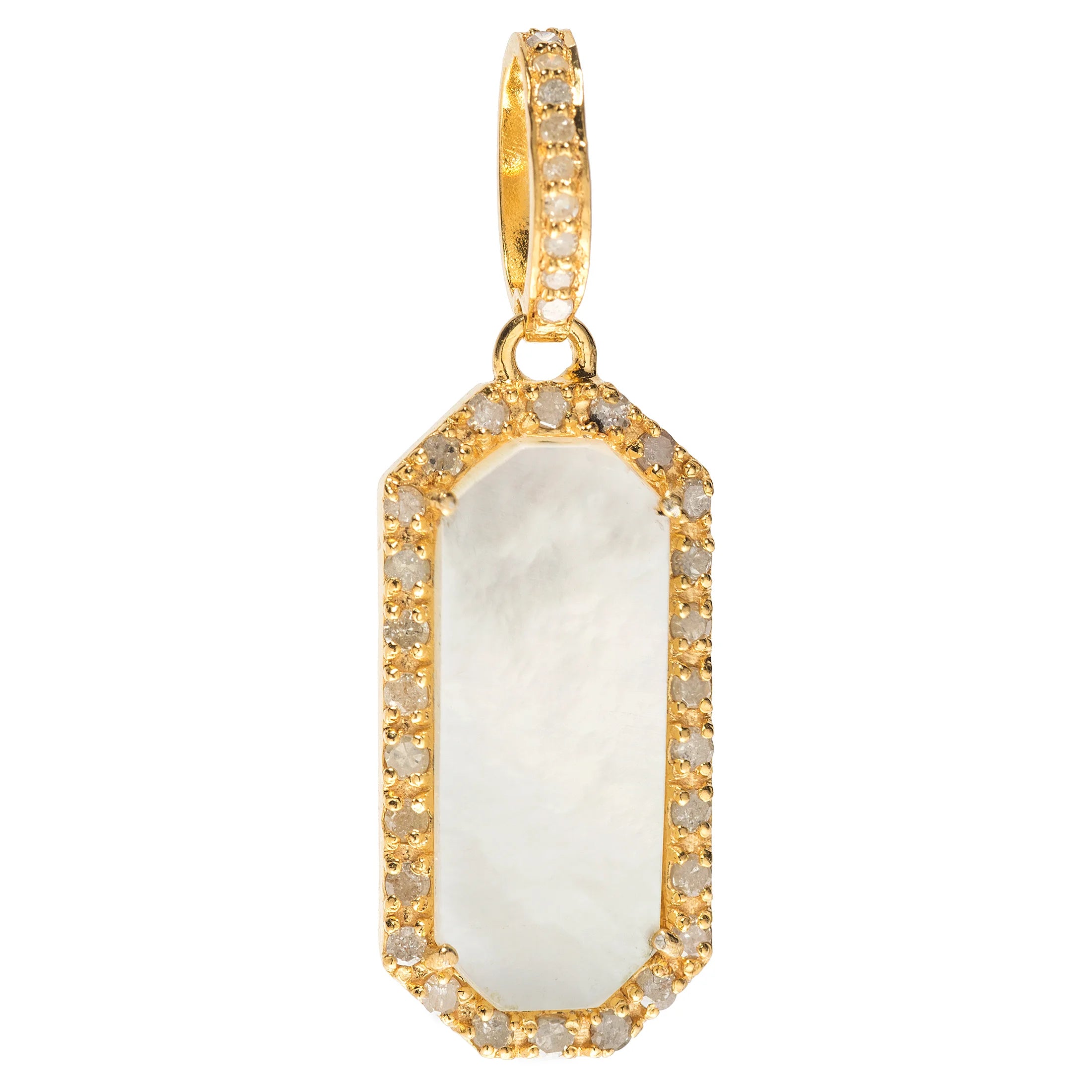 Gold dog tag charm with mother of pearl and diamond accents – refined pet-inspired pendant