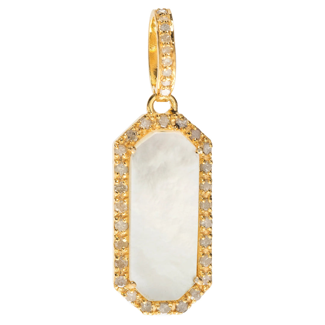 Gold dog tag charm with mother of pearl and diamond accents – refined pet-inspired pendant