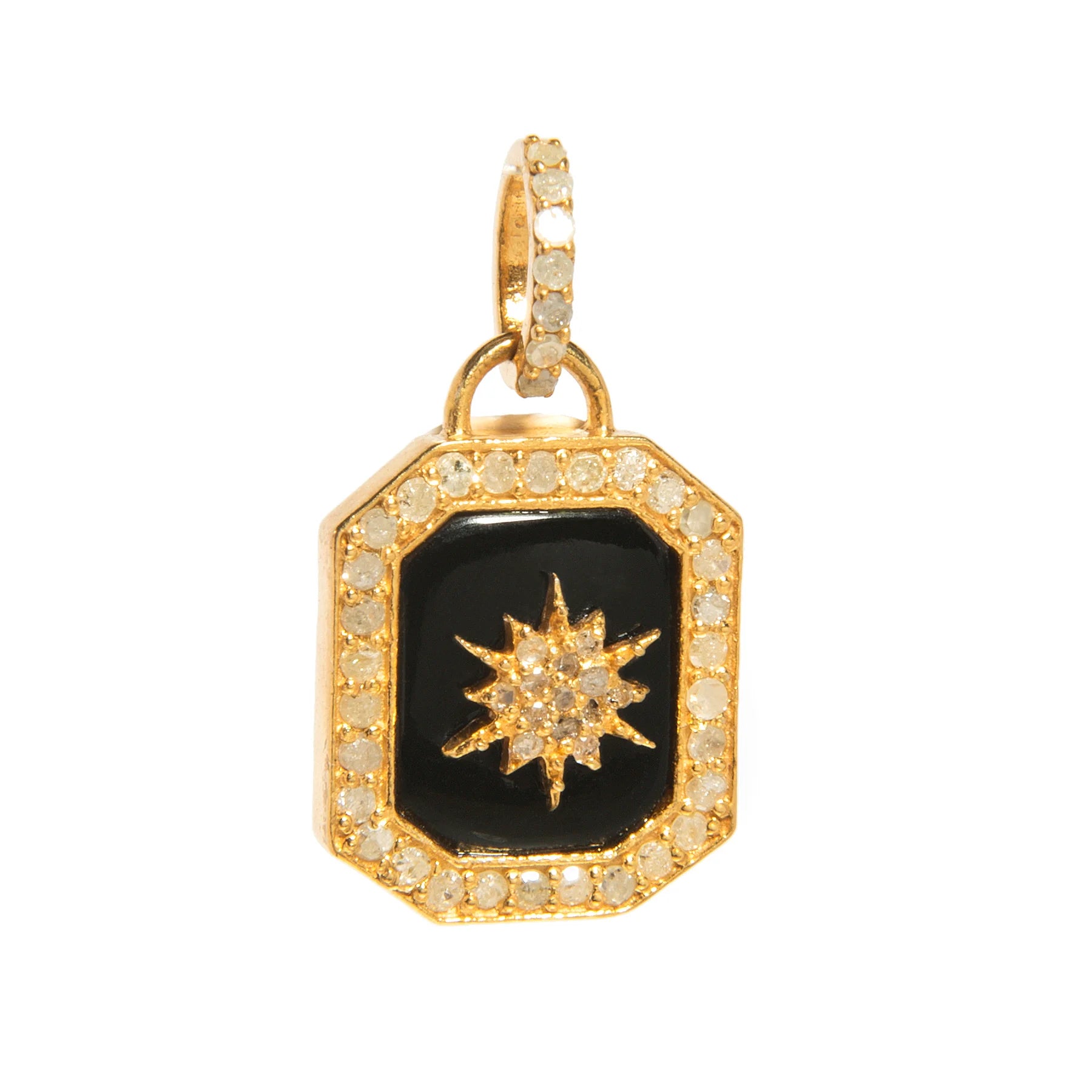 Gold dog tag charm with black onyx and diamond star – celestial-inspired pendant with rich contrast and sparkle

