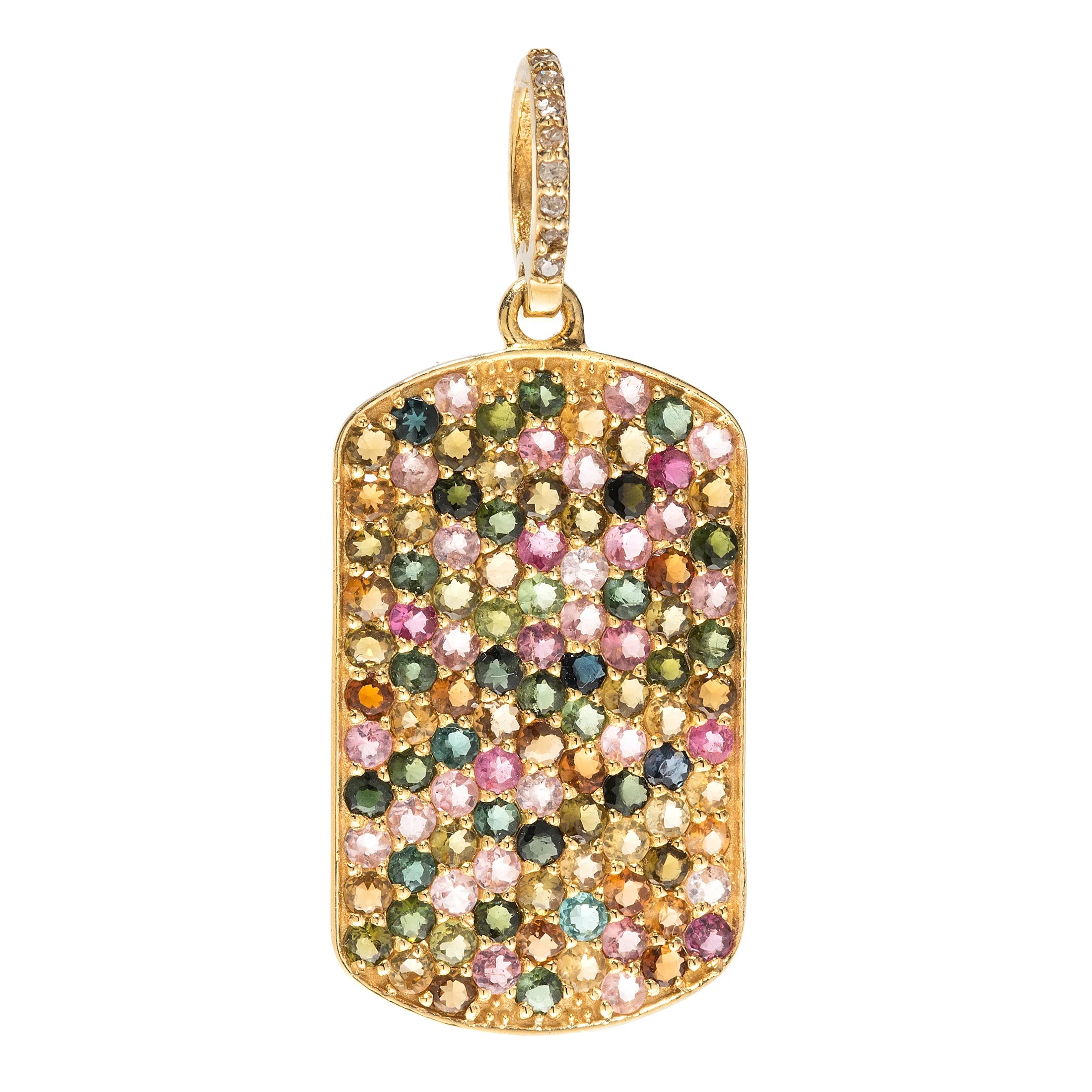 Gold dog tag pendant featuring natural watermelon tourmaline set in 18kt gold-plated sterling silver for a vibrant, luxurious finish