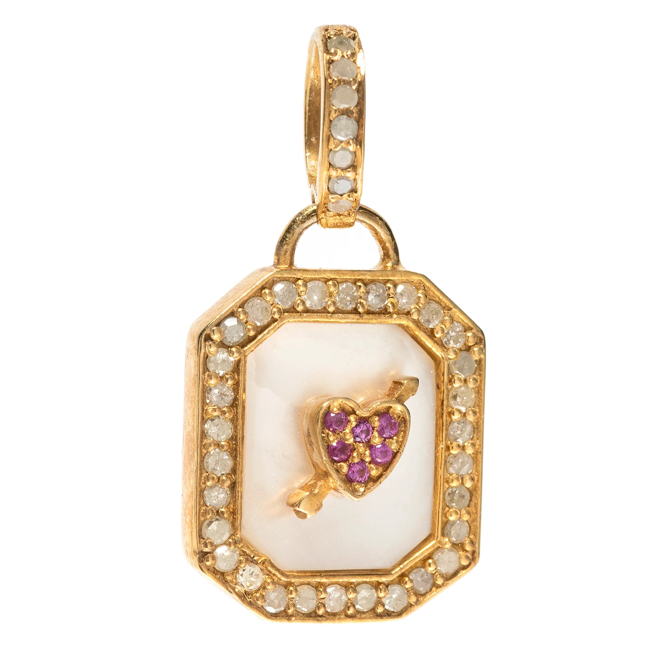 Gold dog tag charm with mother of pearl and ruby heart – elegant pendant combining soft shimmer and deep red gemstone

