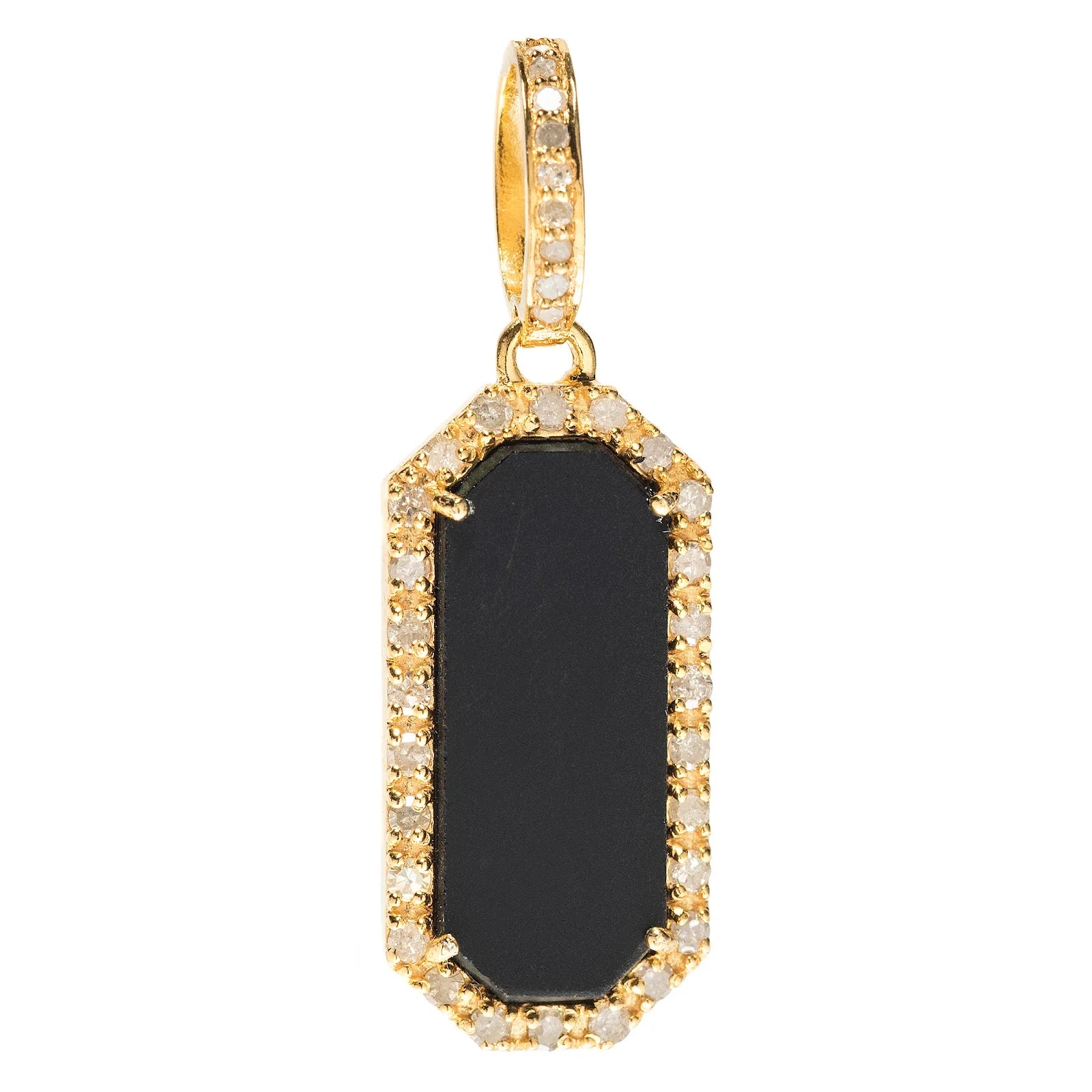 Gold dog tag charm with onyx and diamond accents – elegant pet-themed pendant