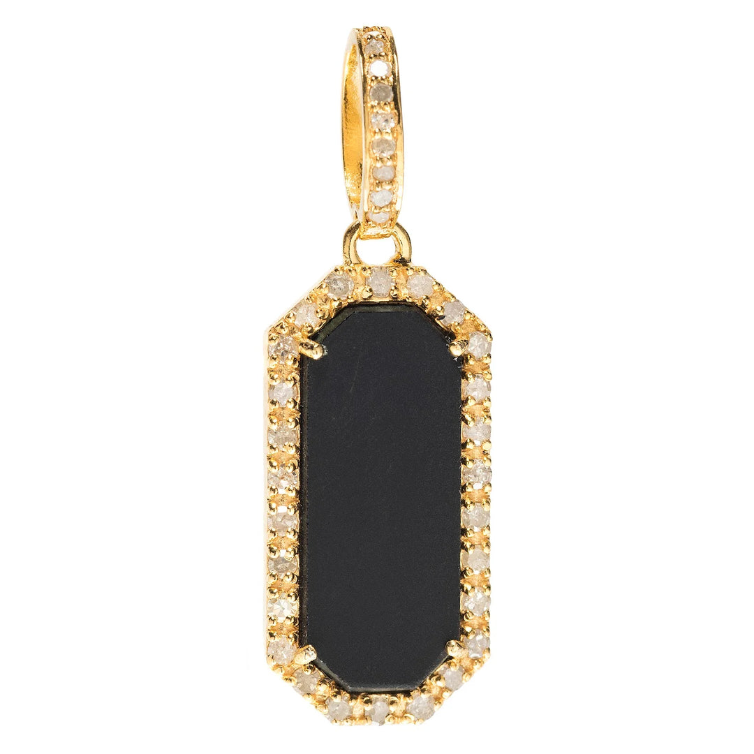Gold dog tag charm with onyx and diamond accents – elegant pet-themed pendant