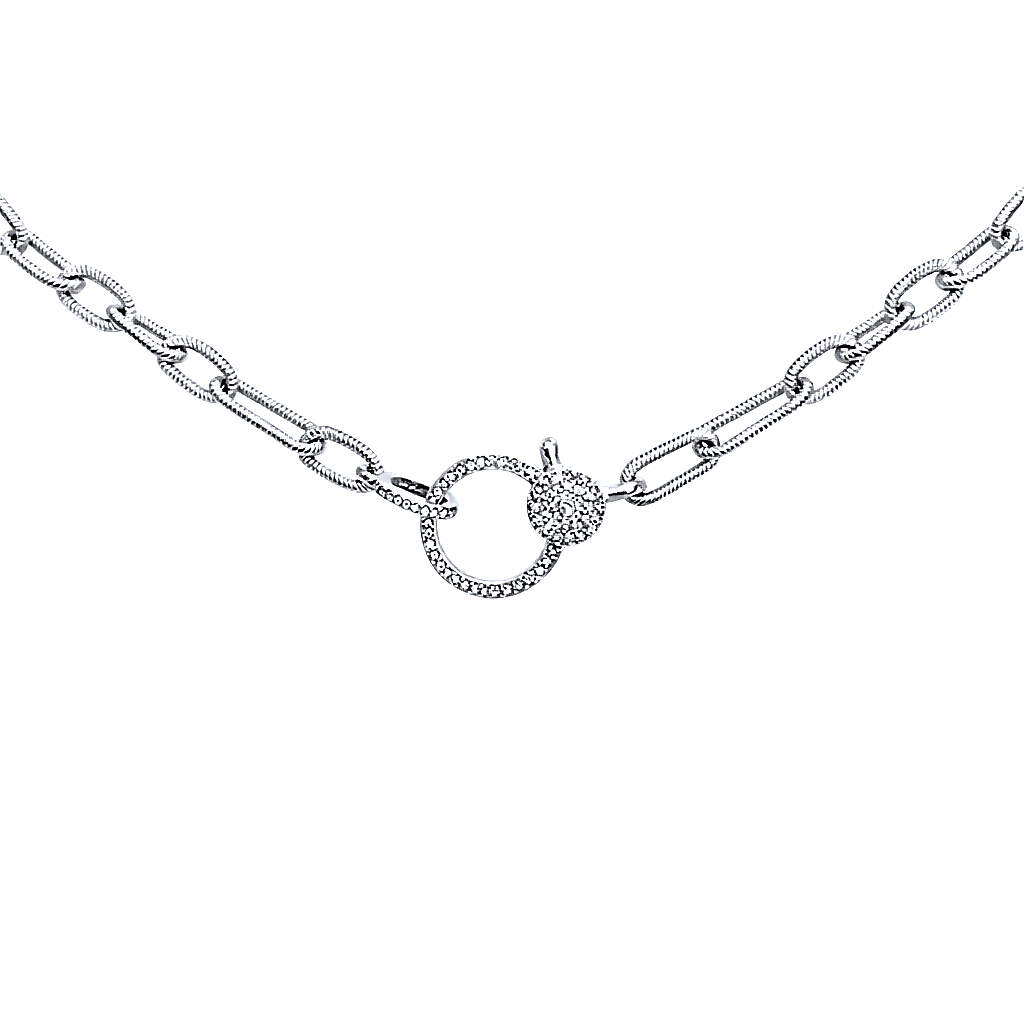 Etched bright silver necklace with diamond closure, sleek minimalist design, elegant luxury jewelry accessory