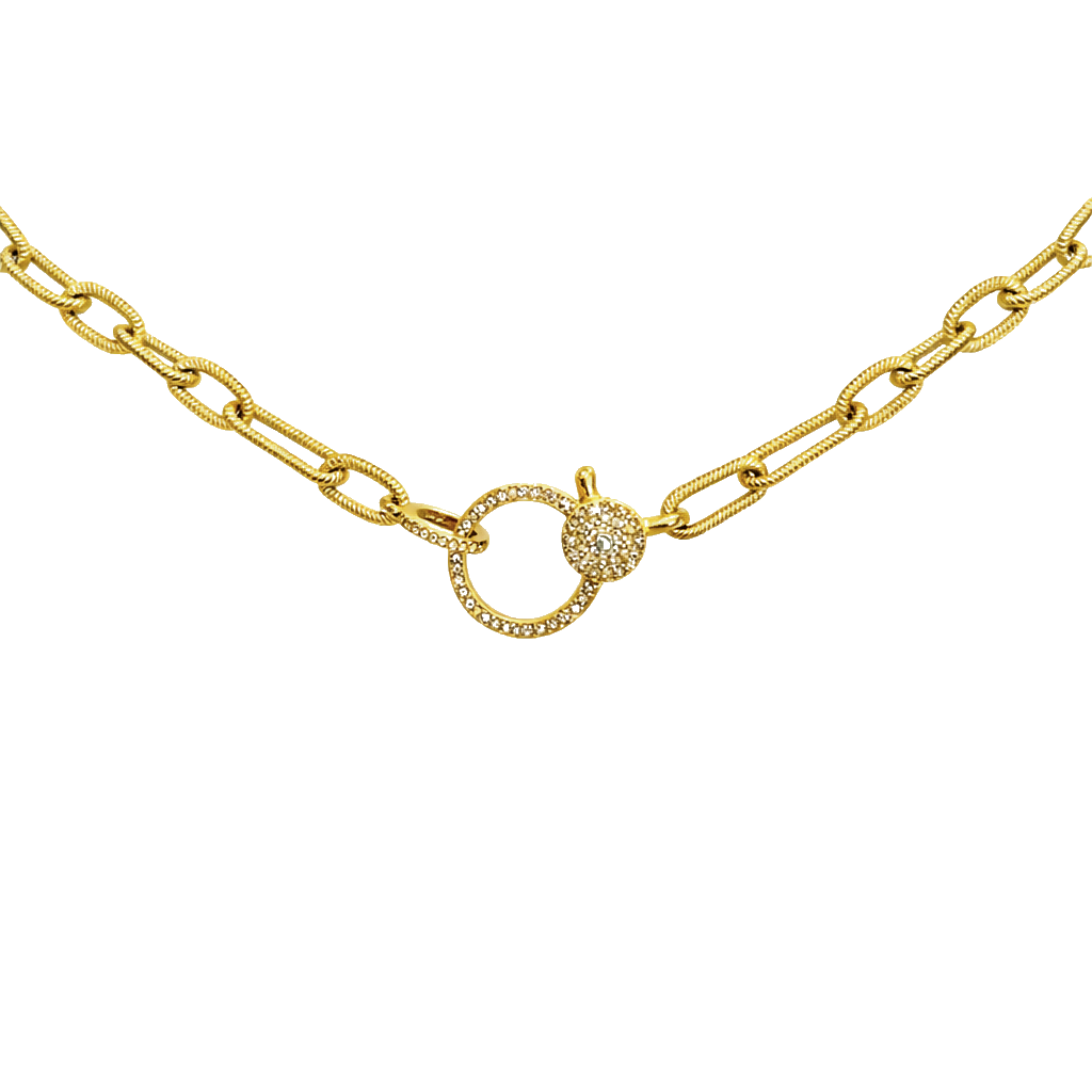 Etched gold necklace with diamond closure, elegant minimalist design, luxury stylish jewelry accessory