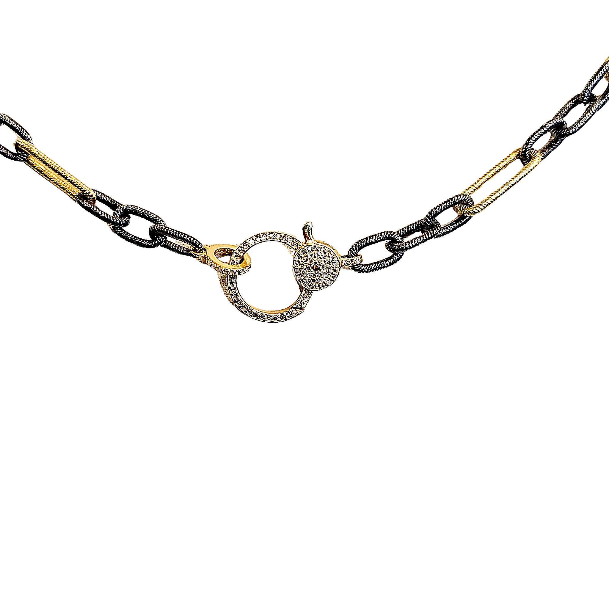 Etched mixed metal necklace with diamond closure, elegant minimalist design, stylish luxury jewelry accessory
