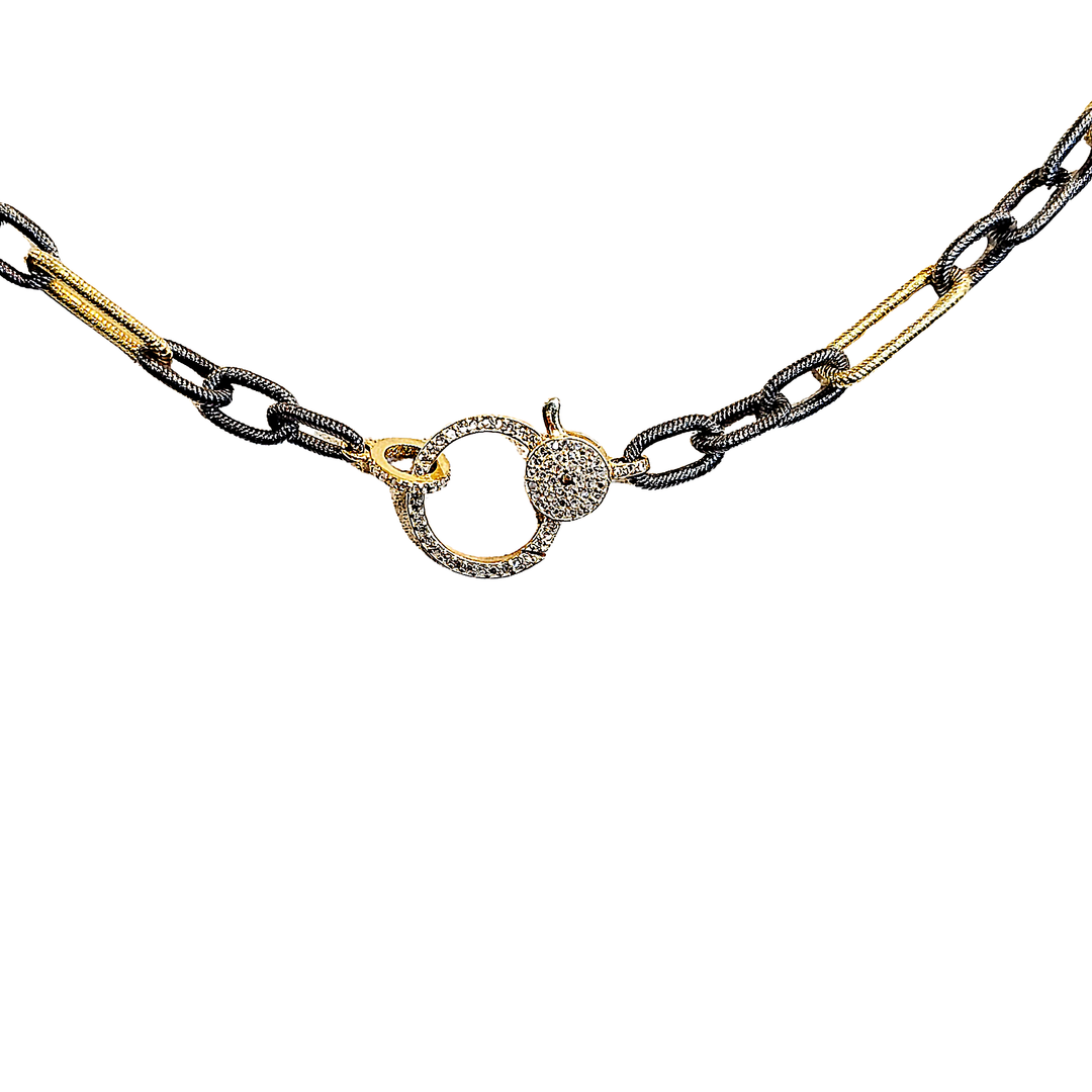 Etched mixed metal necklace with diamond closure, elegant minimalist design, stylish luxury jewelry accessory