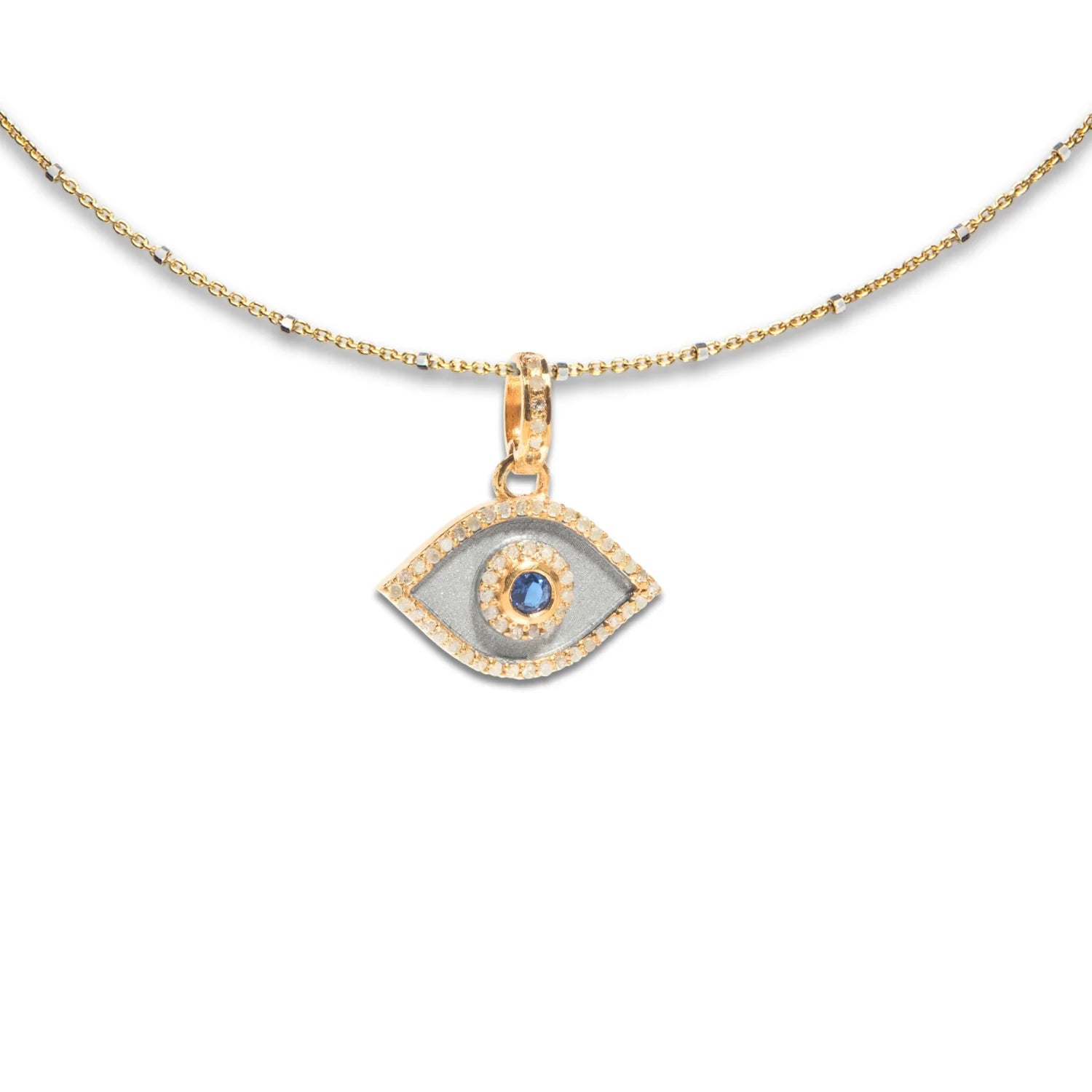 Evil eye pendant with diamonds and sapphire, protective jewelry with elegant sparkling design