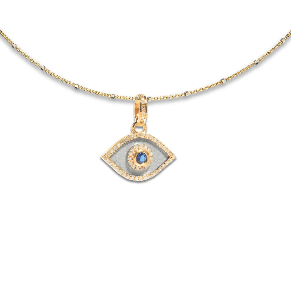Evil eye pendant with diamonds and sapphire, protective jewelry with elegant sparkling design