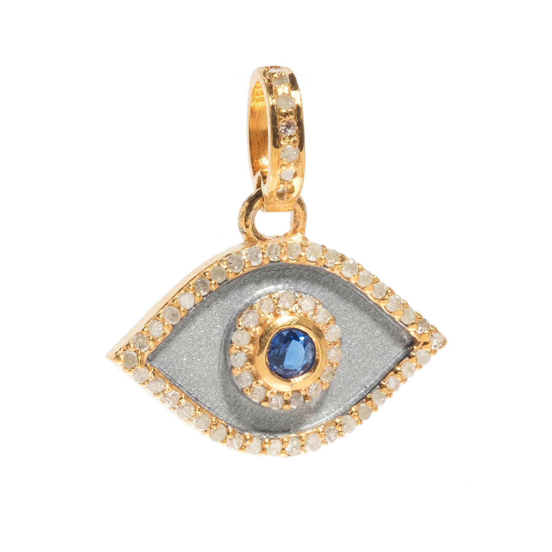 Evil eye pendant with diamonds and sapphire, protective jewelry with elegant sparkling design