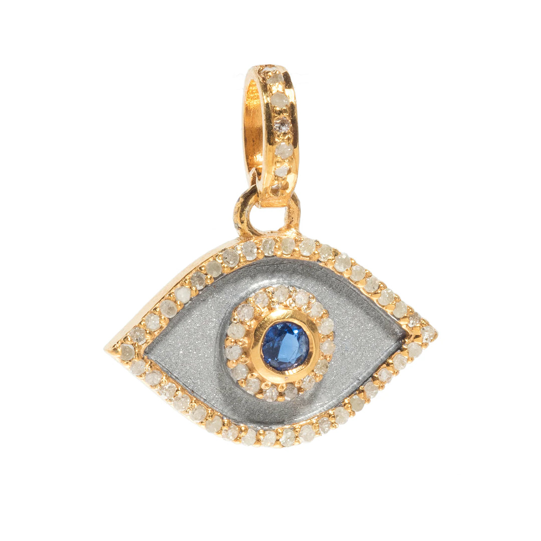 Evil eye pendant with diamonds and sapphire, protective jewelry with elegant sparkling design