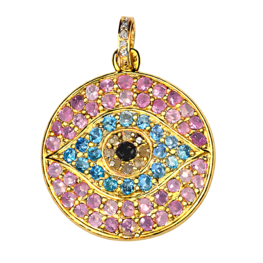 Gold evil eye pink and blue sapphire pendant with colorful gemstones on a white background