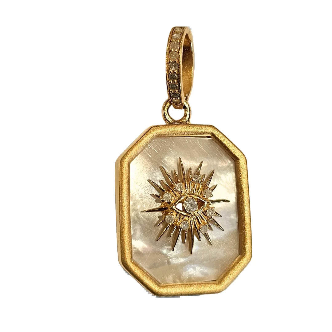 Framed mother of pearl evil eye pendant with diamonds, elegant protective jewelry design