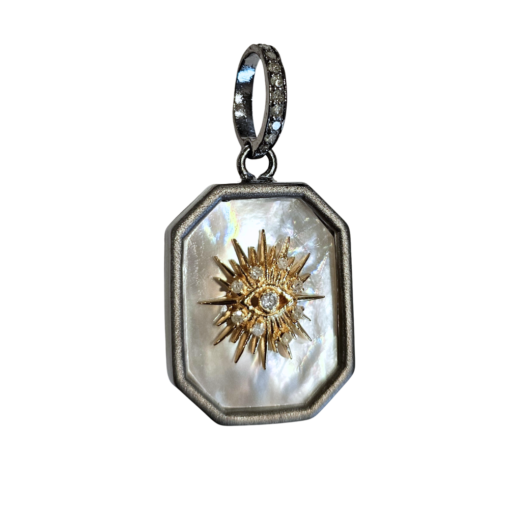 Framed mother of pearl evil eye pendant with diamonds, elegant protective jewelry design