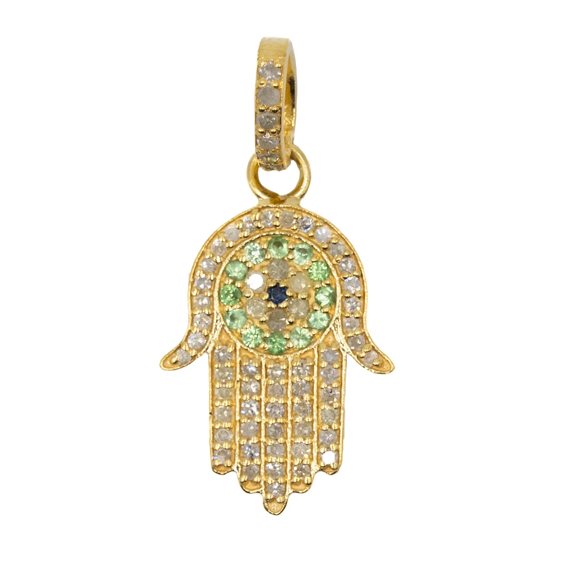 Gold Hamsa and evil eye charm – spiritual pendant offering protection, luck, and positive energy

